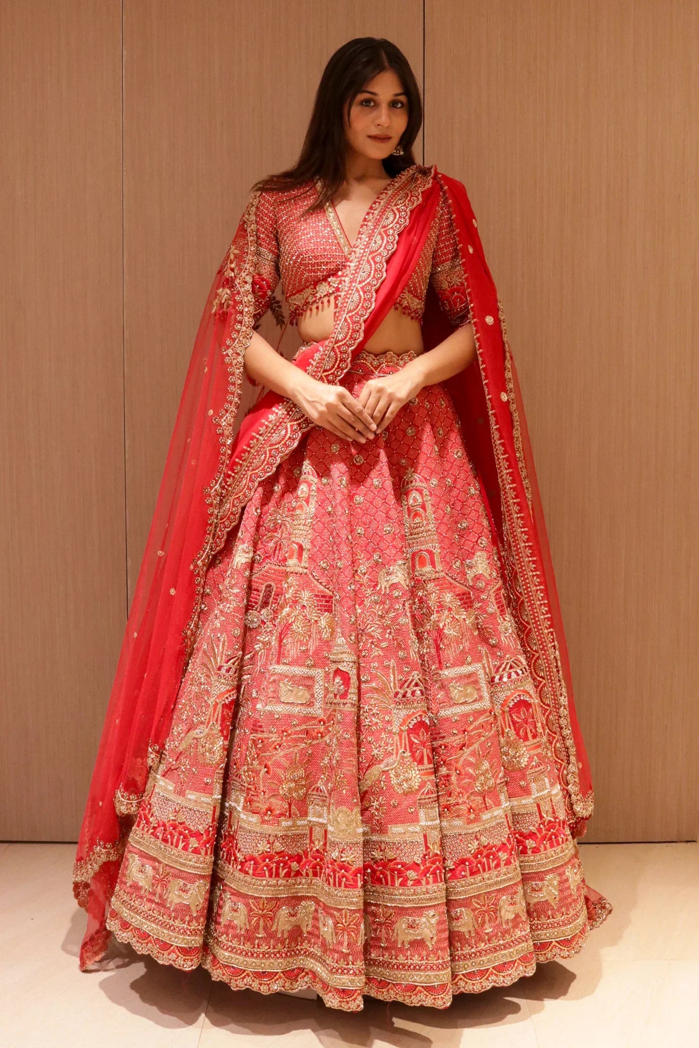 Red Raw Silk Bridal Lehenga with Zardozi and Sequin Embroidery - Mokshaa