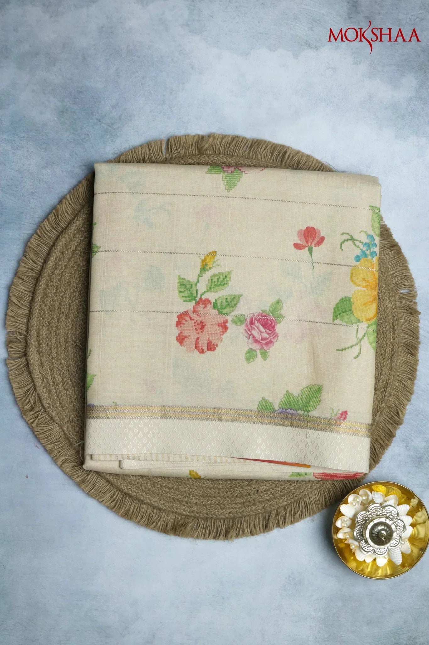 Cream Tussar Silk Saree with Golden Zari Stripes & Floral Print - Mokshaa