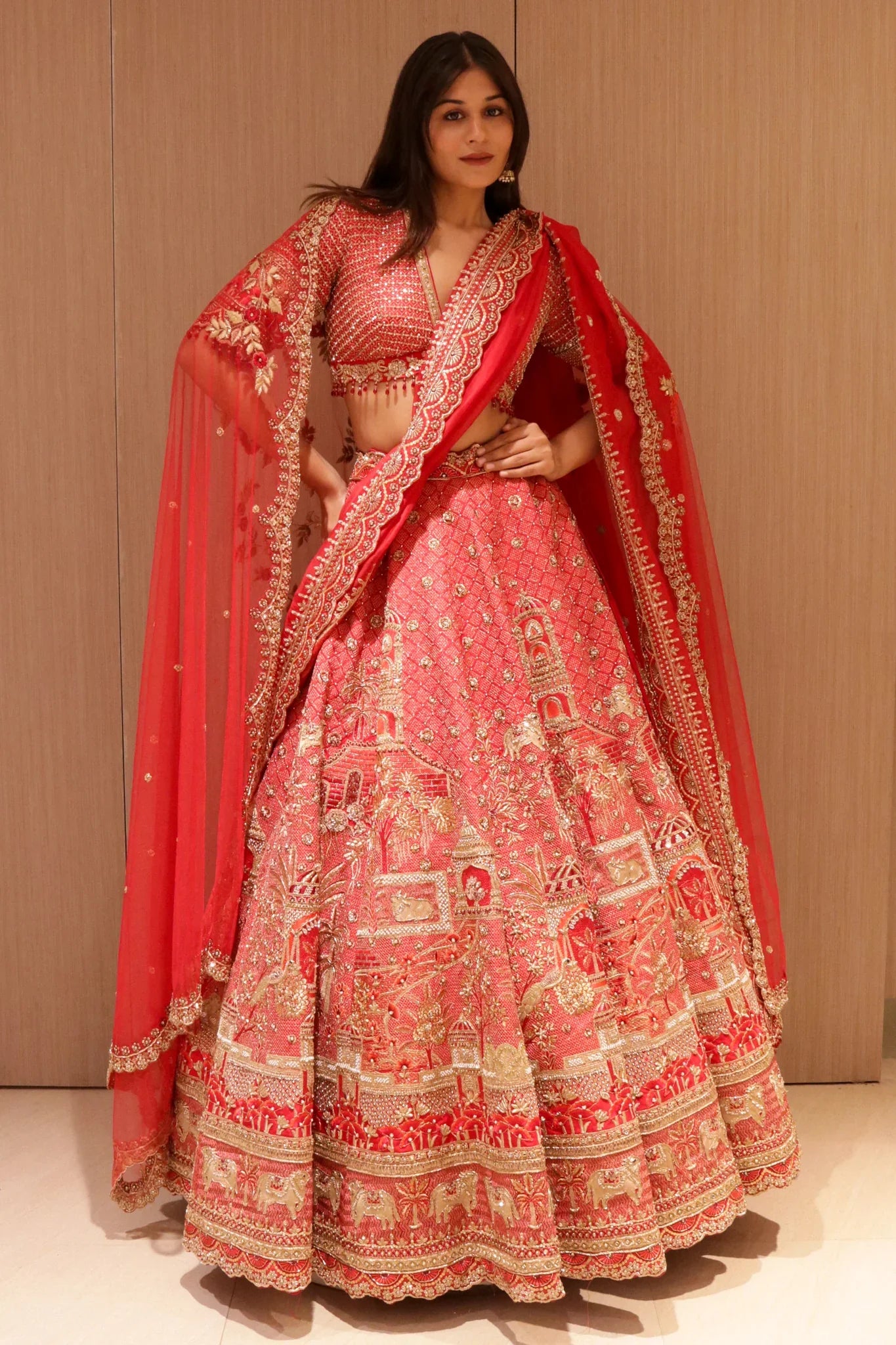 Red Raw Silk Bridal Lehenga with Zardozi and Sequin Embroidery - Mokshaa