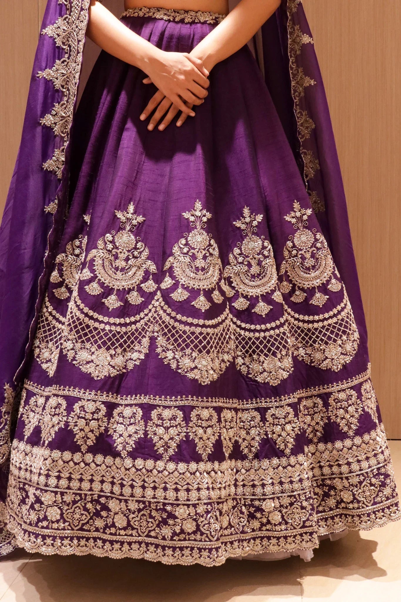 Violet Raw Silk Bridal Lehenga with Zardozi Embroidery - Mokshaa