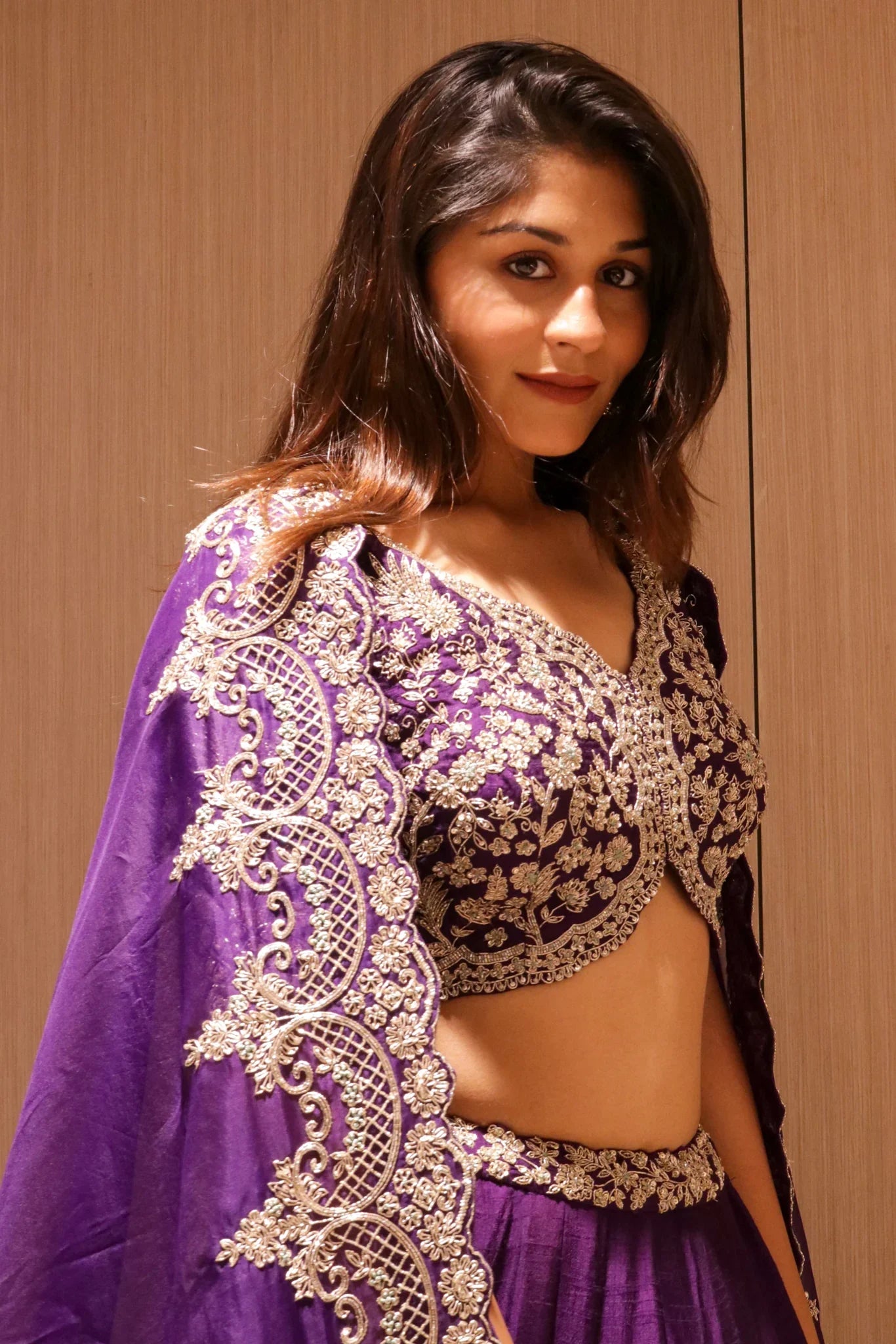 Violet Raw Silk Bridal Lehenga with Zardozi Embroidery - Mokshaa