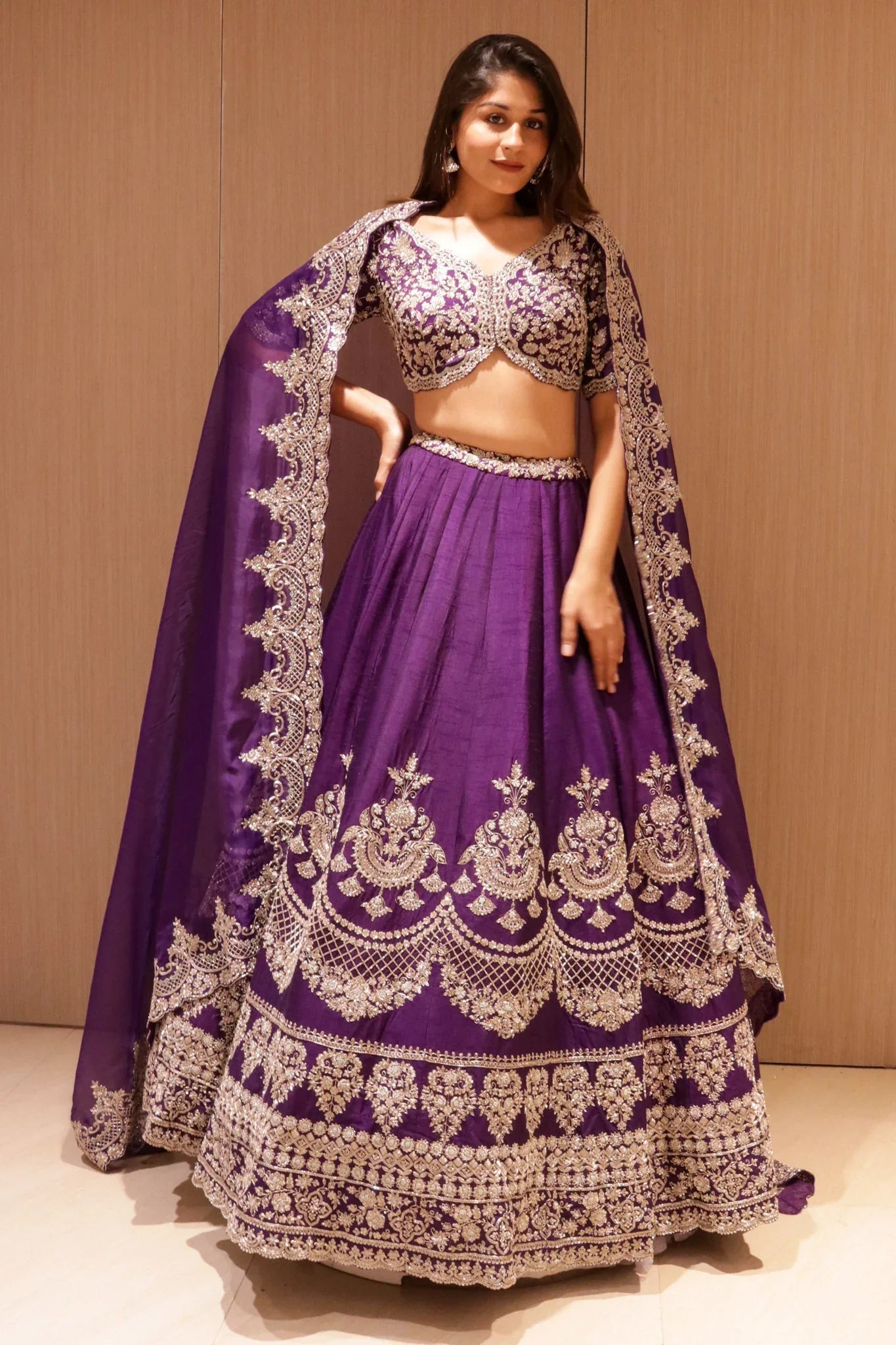 Violet Raw Silk Bridal Lehenga with Zardozi Embroidery - Mokshaa