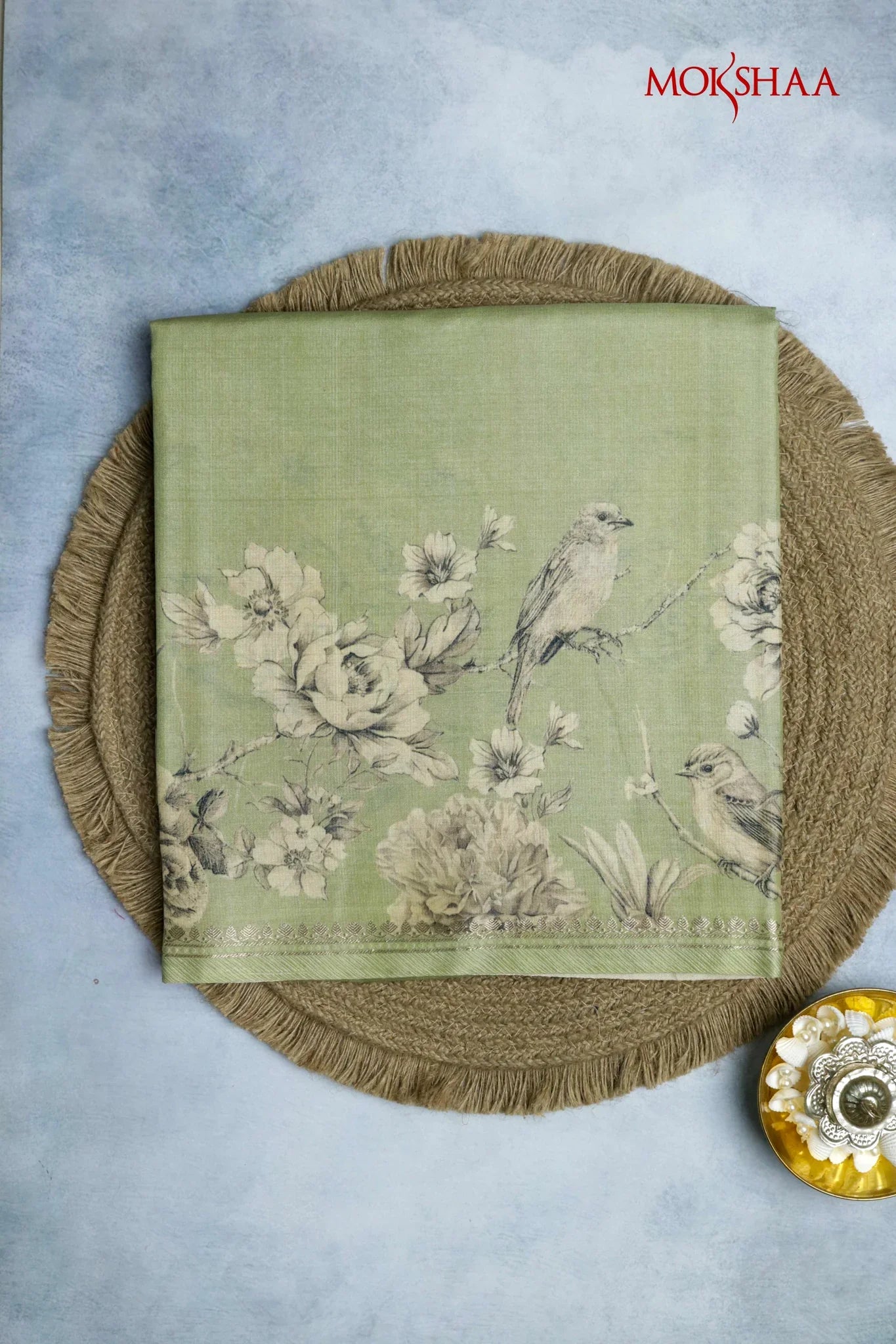Green Tussar Silk Saree with Bird & Floral Print Border - Mokshaa