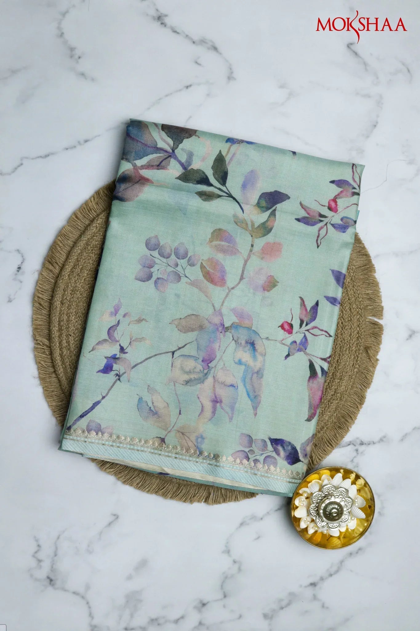 Sky Blue Tussar Silk Saree with All-Over Floral Print and Woven Border - Mokshaa