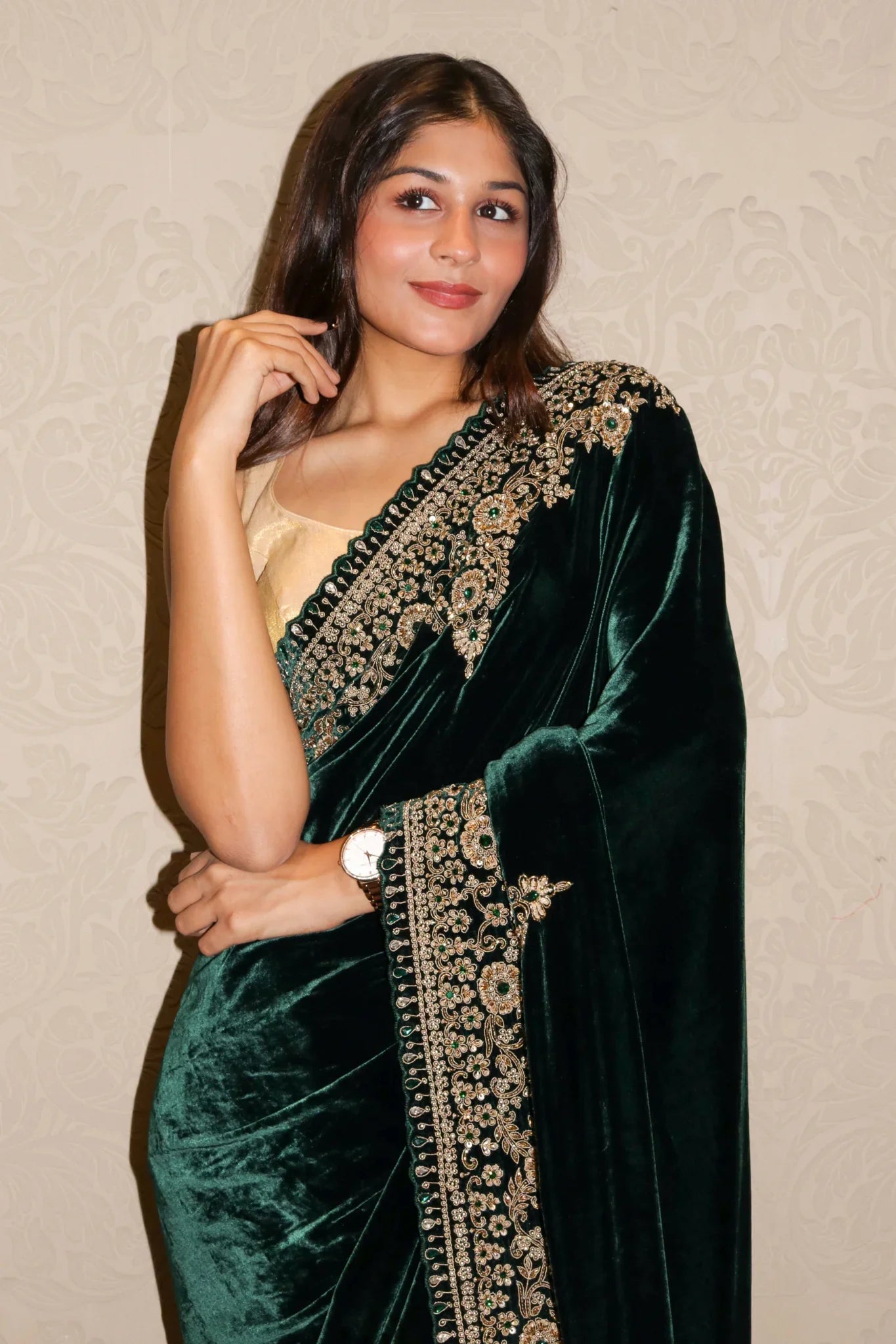 Bottle Green Velvet Saree with Zardozi, Beads & Kundan Work - Mokshaa