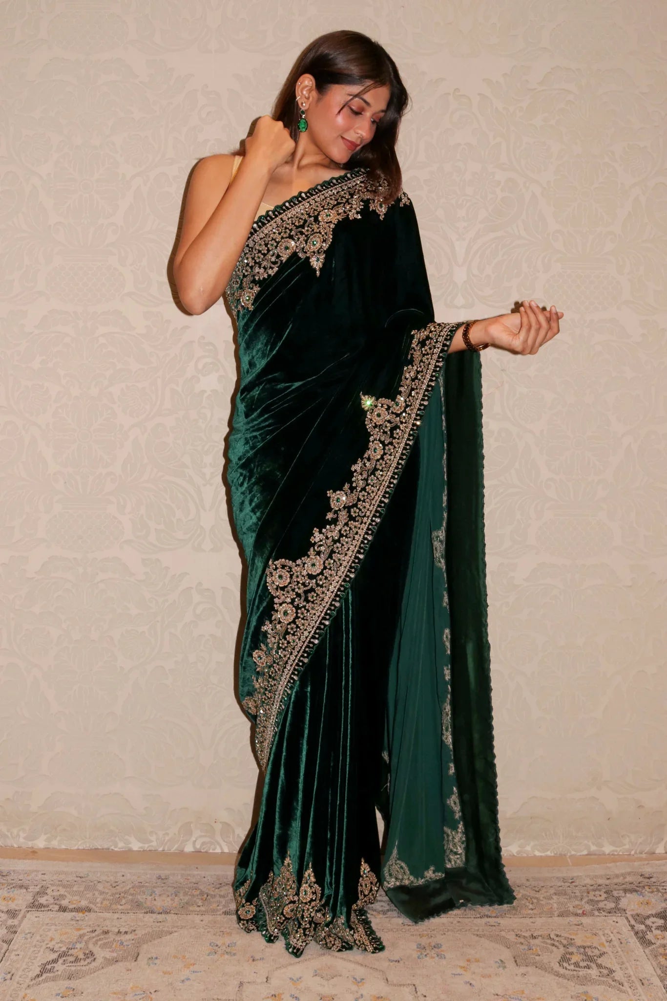 Bottle Green Velvet Saree with Zardozi, Beads & Kundan Work - Mokshaa