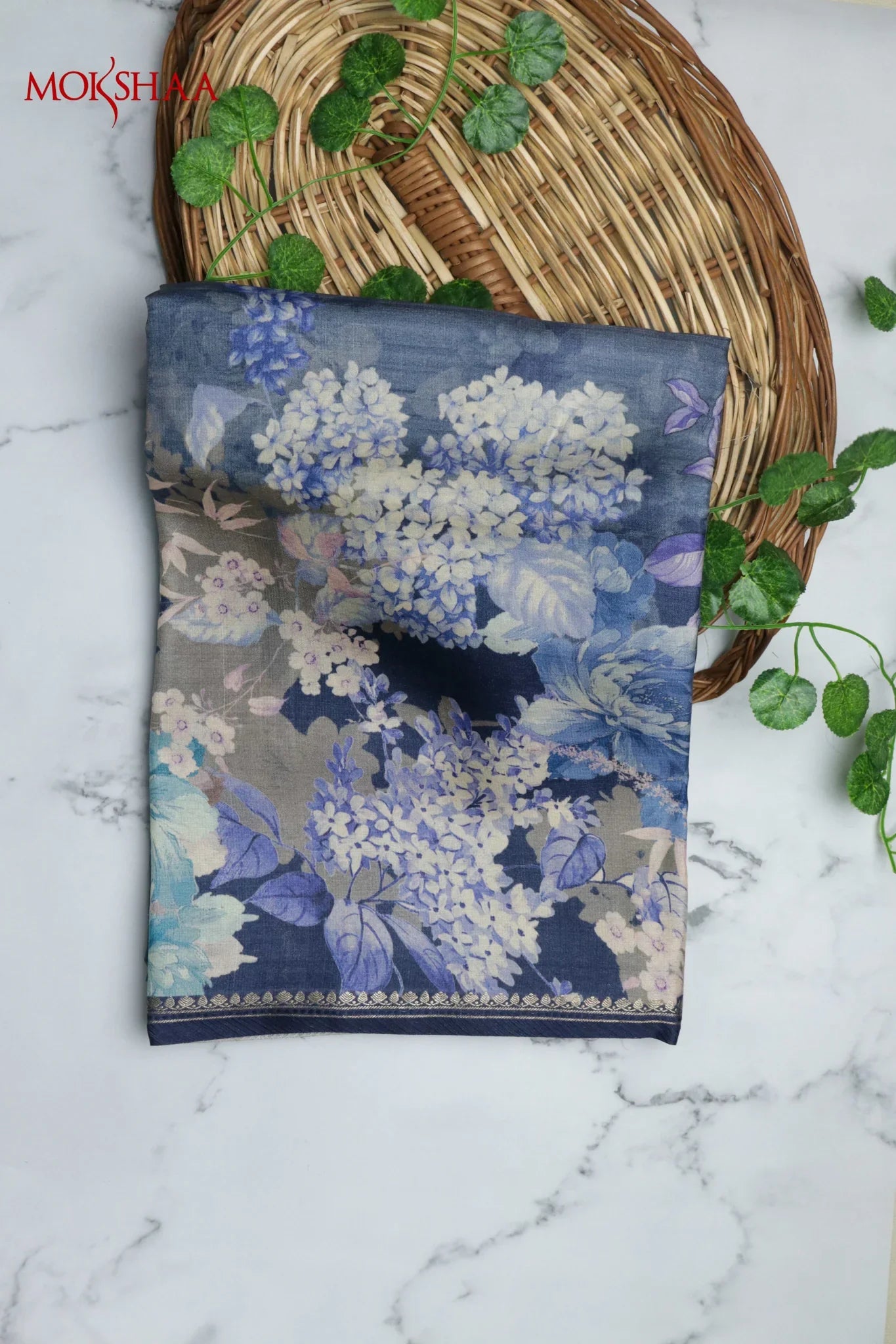 Grey Tussar Silk Saree with All-Over Floral Print - Mokshaa
