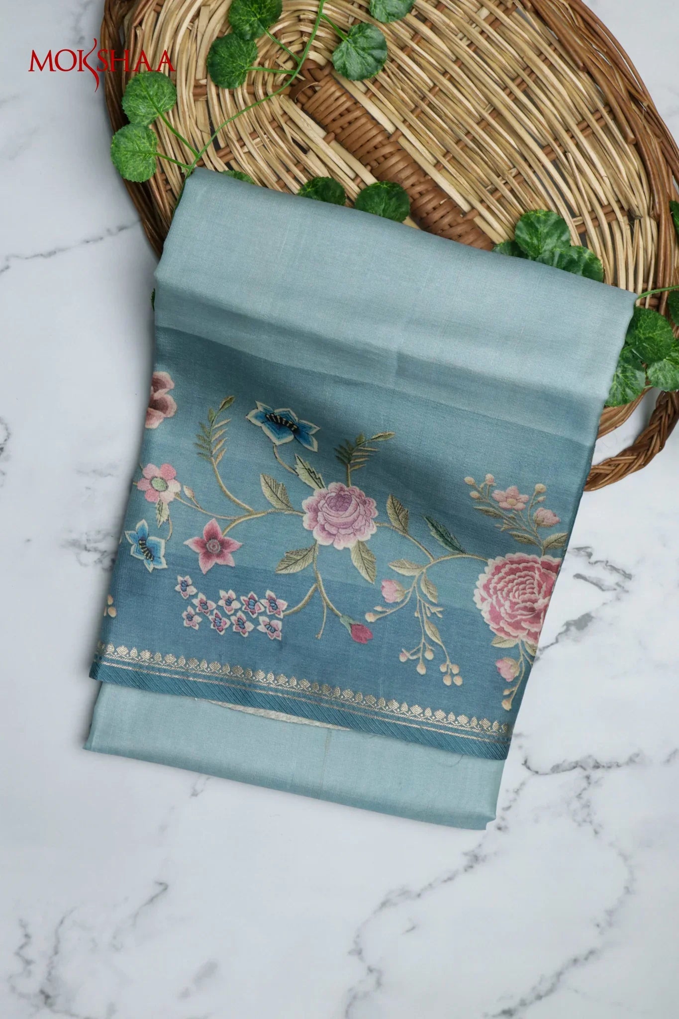 Pastel Blue Tussar Silk Saree with Floral Print & Zari Border - Mokshaa