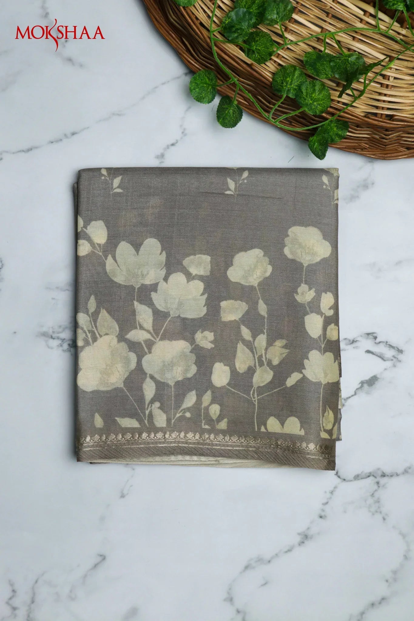 Dust Grey Tussar Silk Saree with All-Over Floral Print and Woven Border - Mokshaa