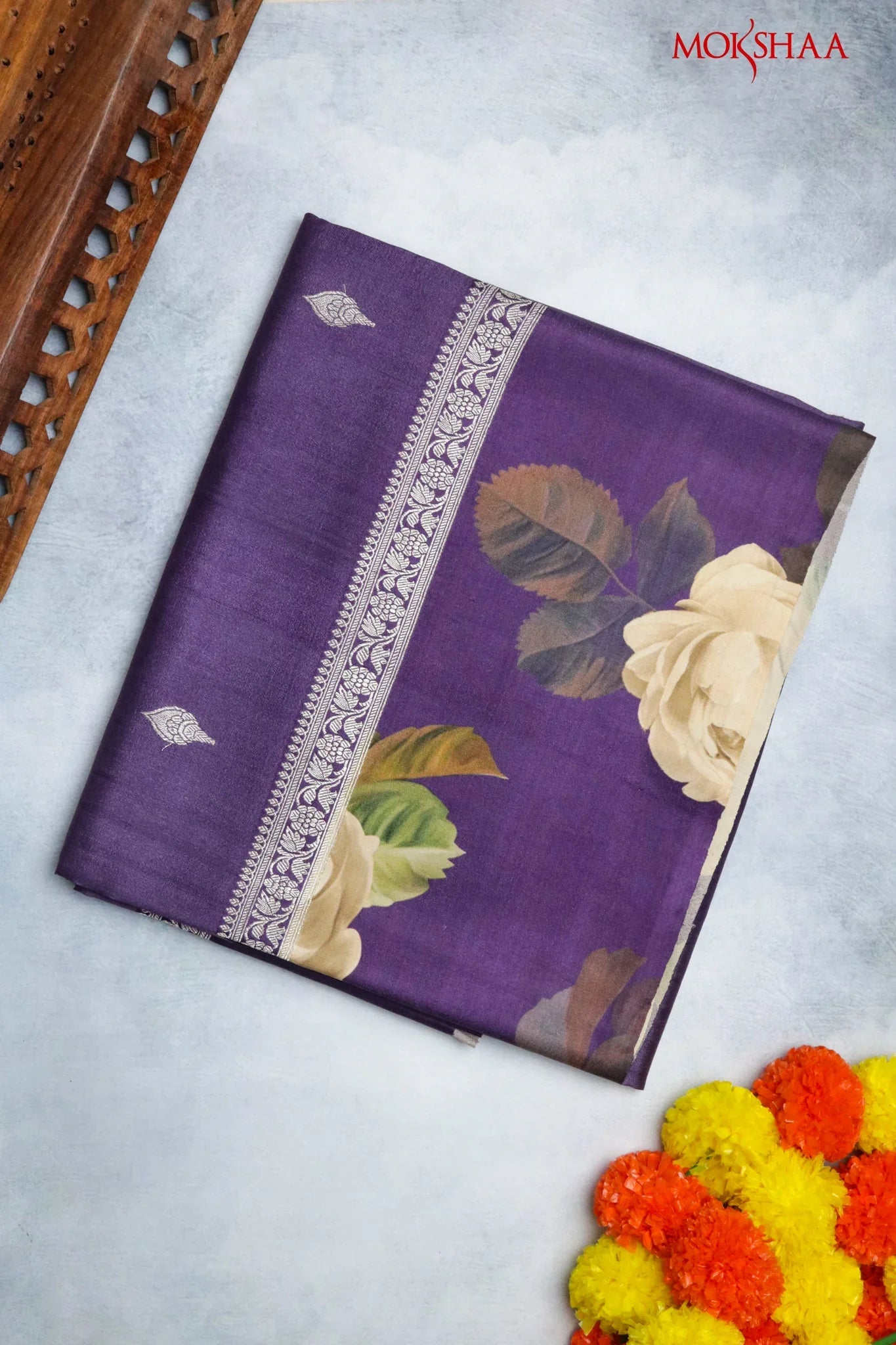 Purple Tussar Silk Saree with Silver Zari Motifs & Printed Border - Mokshaa