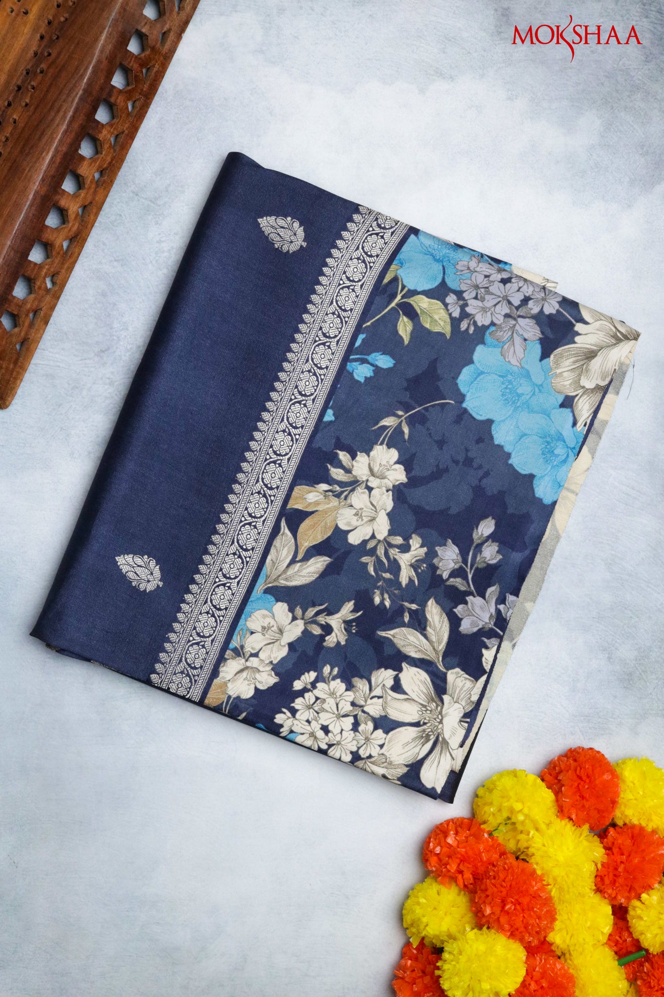 Dark Blue Tussar Silk Saree with Silver Zari Motifs & Satin Printed Border - Mokshaa