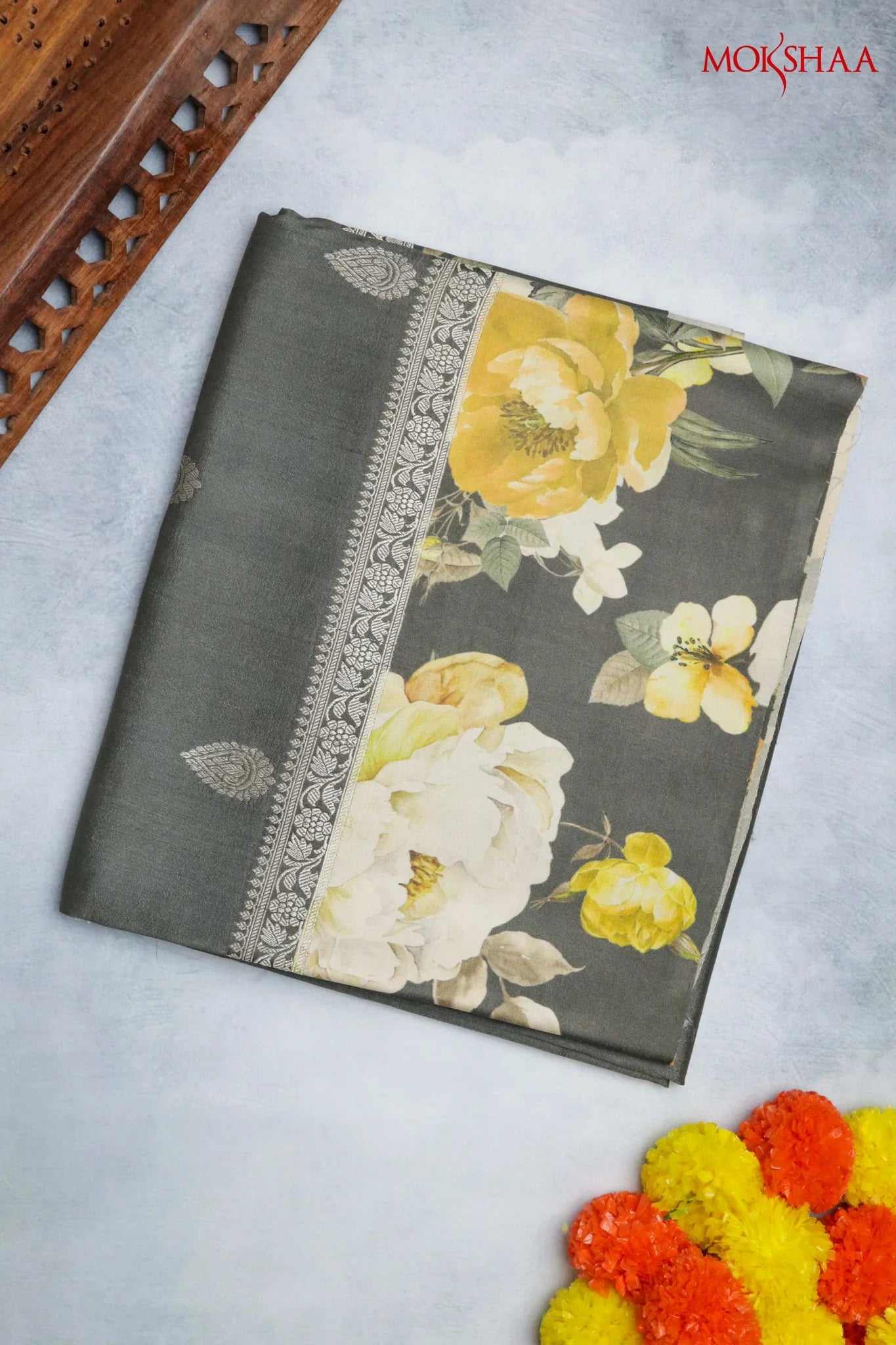 Grey Tussar Silk Saree with Silver Zari Motifs & Floral Print - Mokshaa