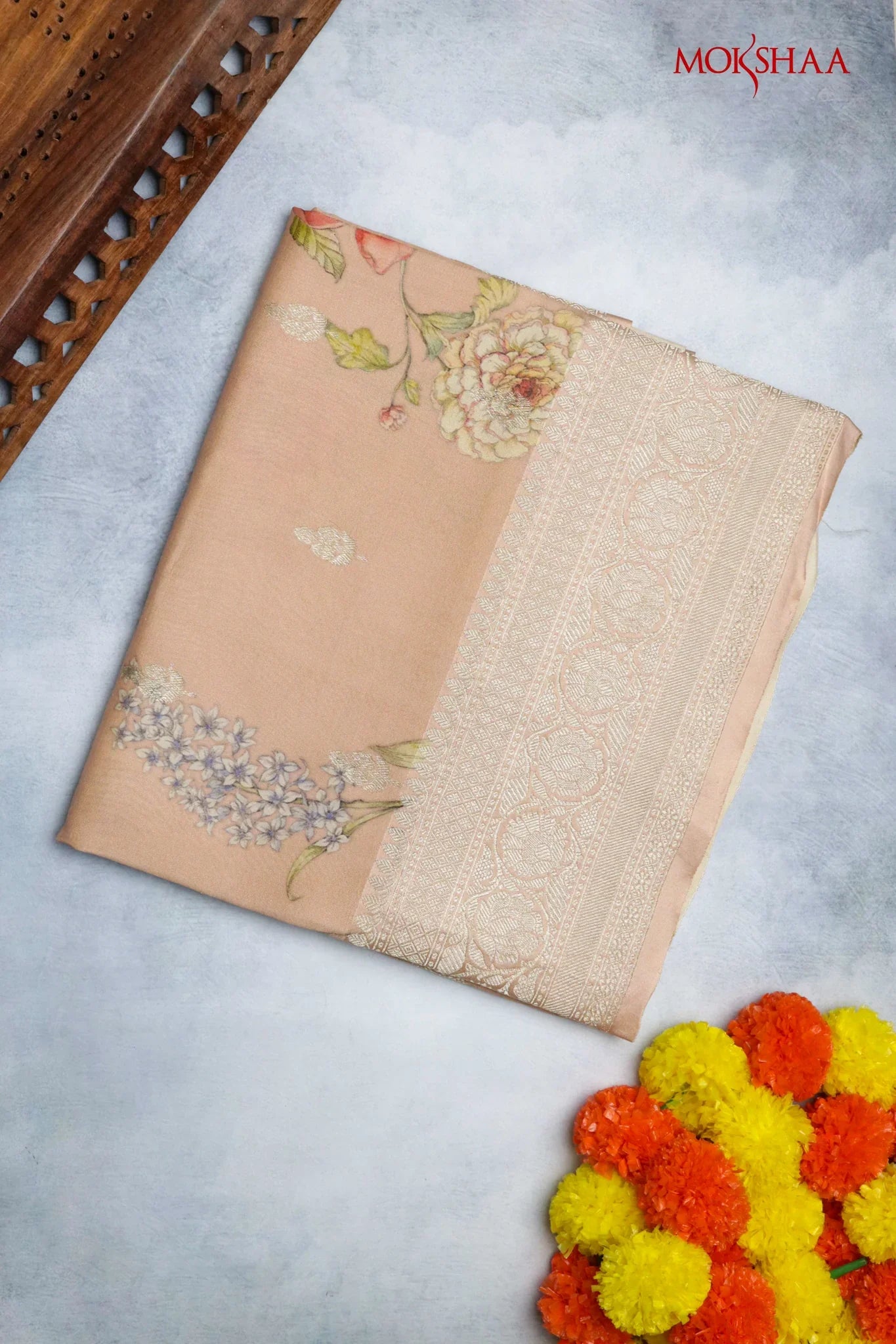 Tussar Silk Saree in Peach with Floral Print & Zari Border - Mokshaa