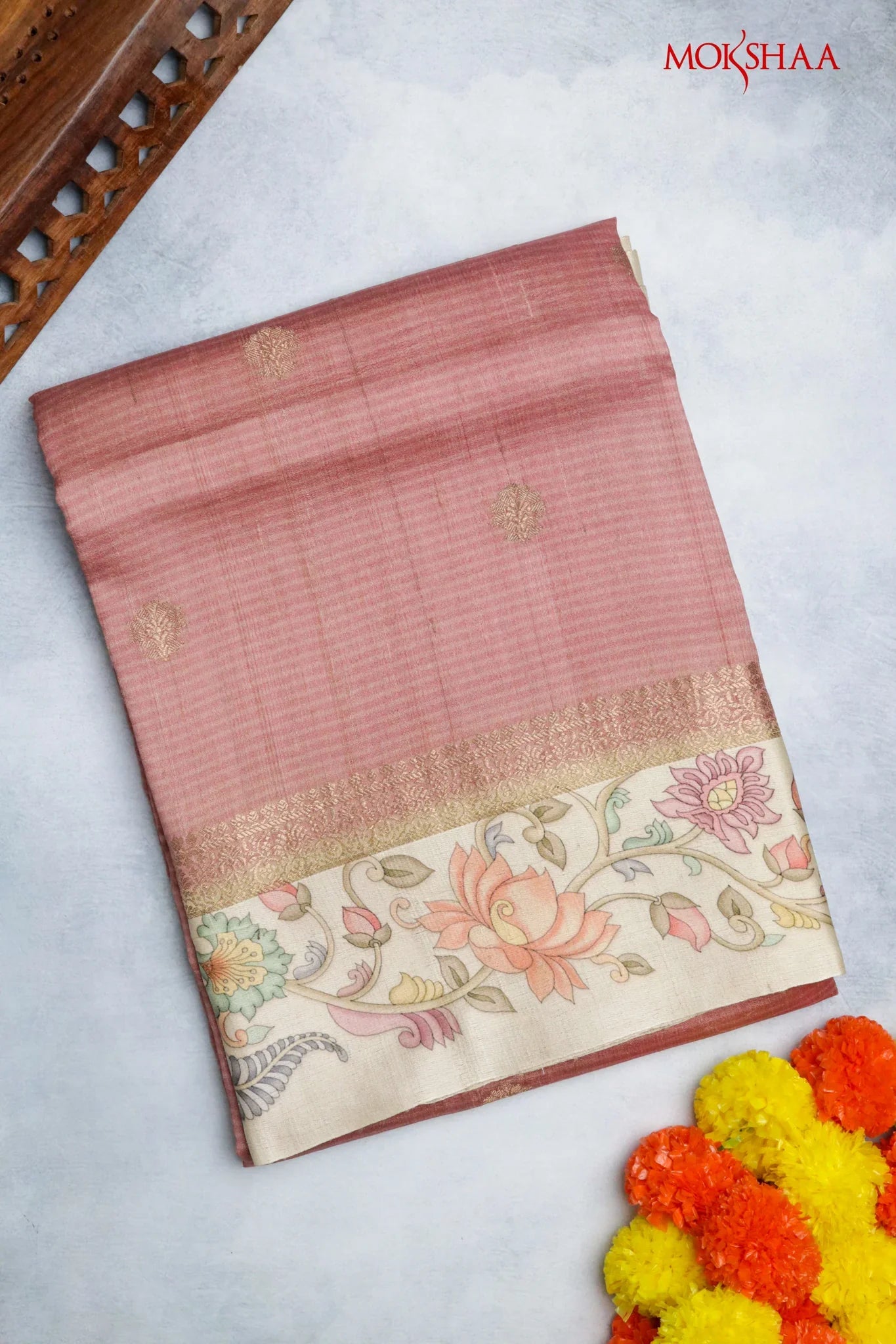 Banaras Tussar Silk Saree in Peach with Zari Motifs & Kalamkari Border - Mokshaa