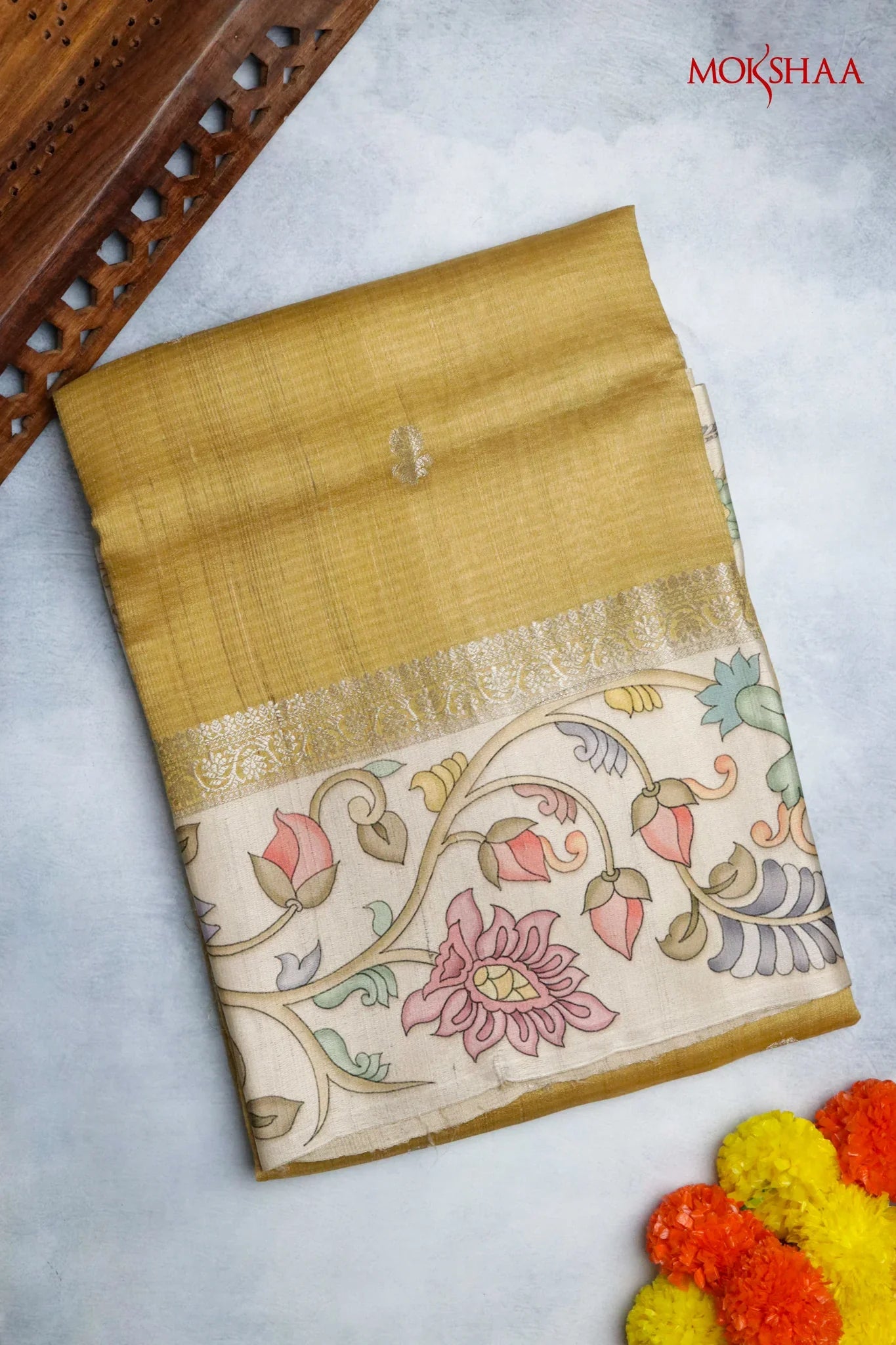 Banaras Tussar Silk Saree in Golden with Zari Motifs & Kalamkari Border - Mokshaa