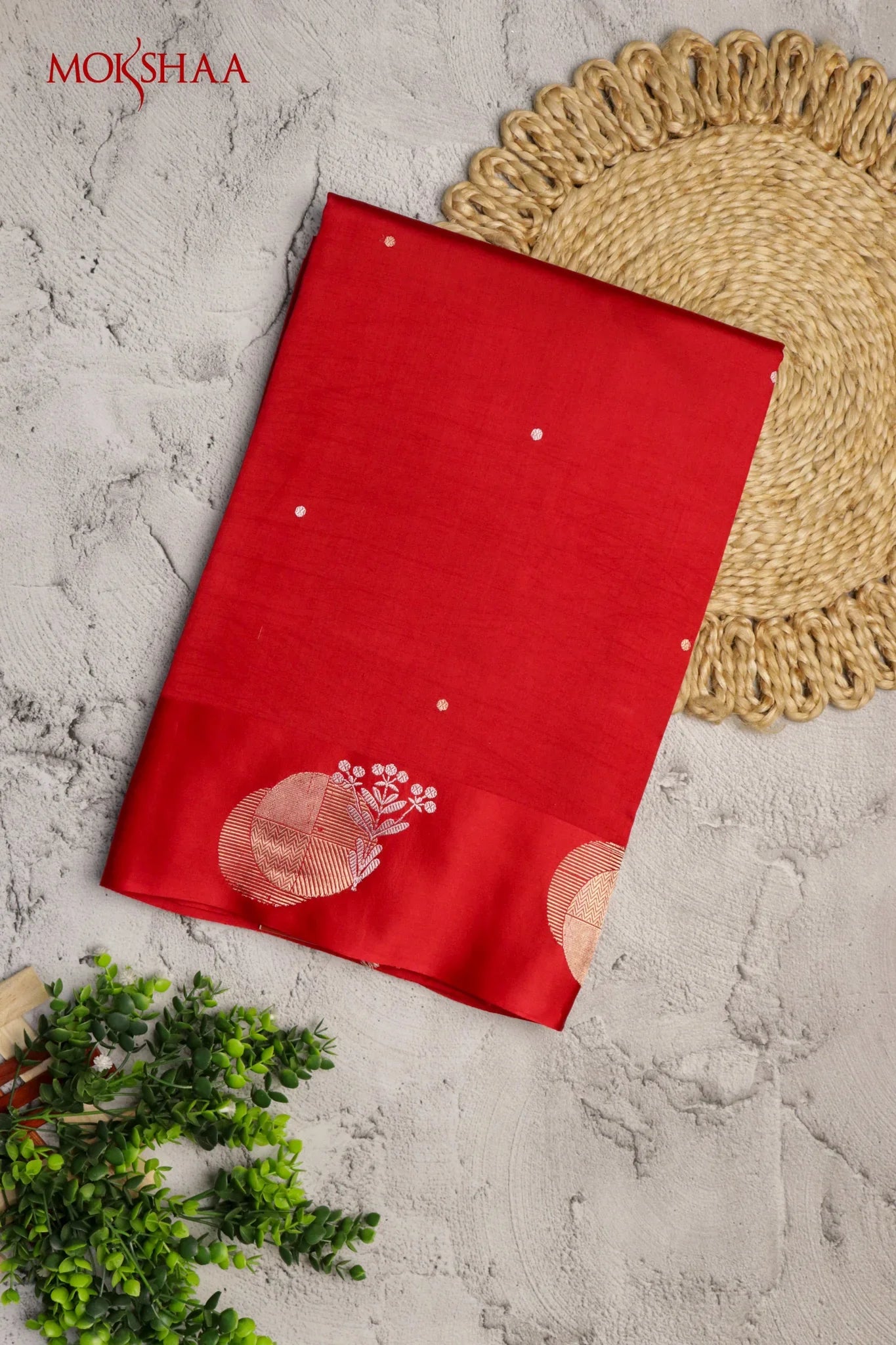 Maroonish red Banarasi Chanderi Silk Saree with Satin Border and Butta Weavin - Mokshaa