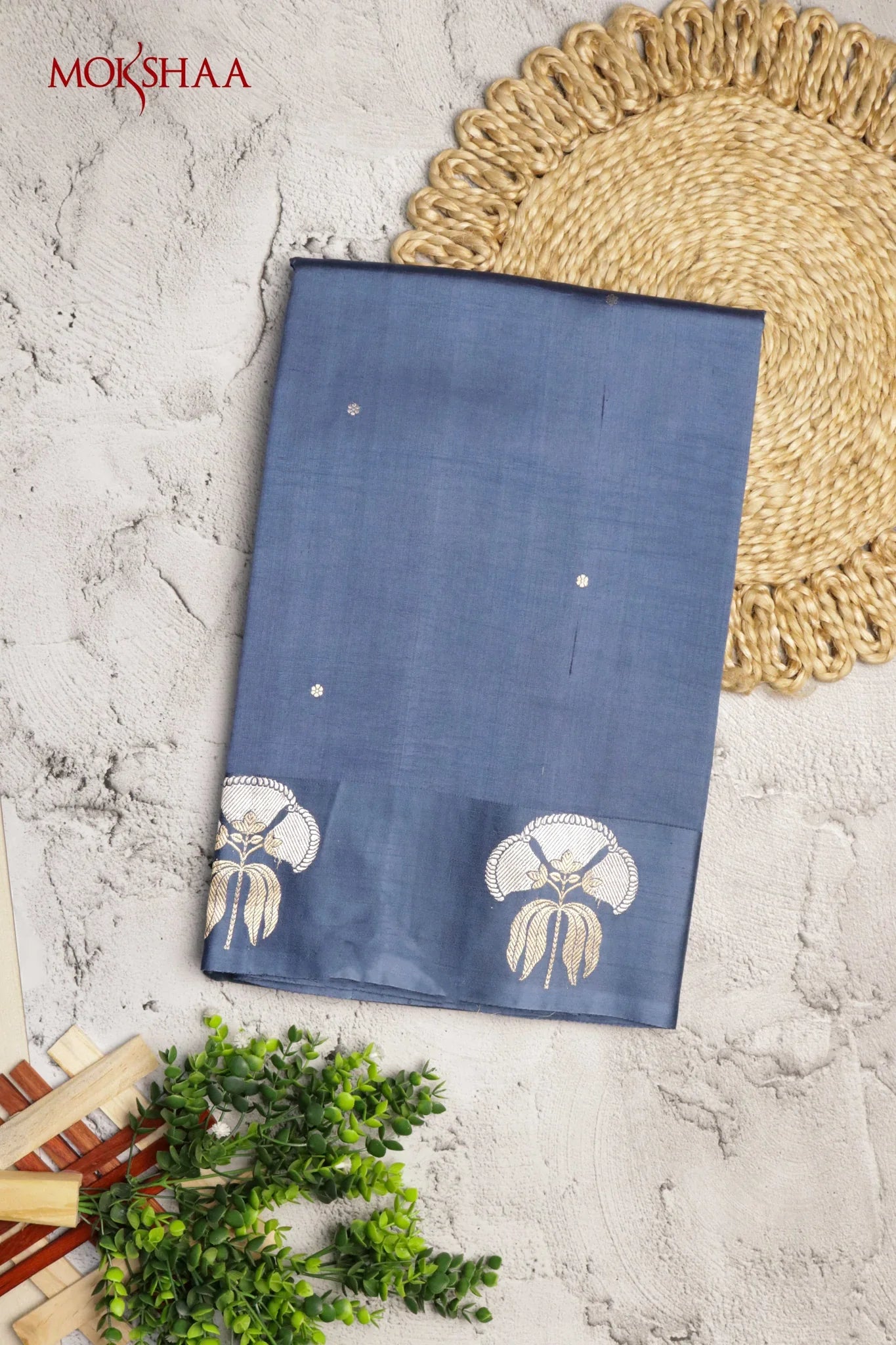 Midnight Blue Banarasi Chanderi Silk Saree with Floral Buttas & Satin Border - Mokshaa