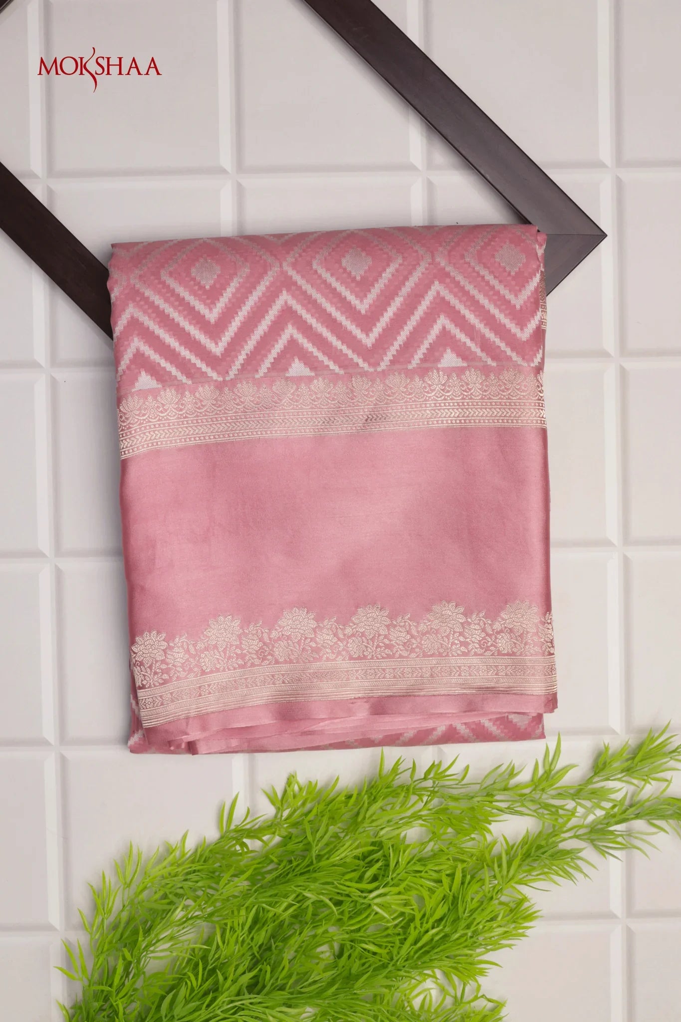 Baby Pink Banarasi Kora Saree with Geometric Weave & Satin Border - Mokshaa