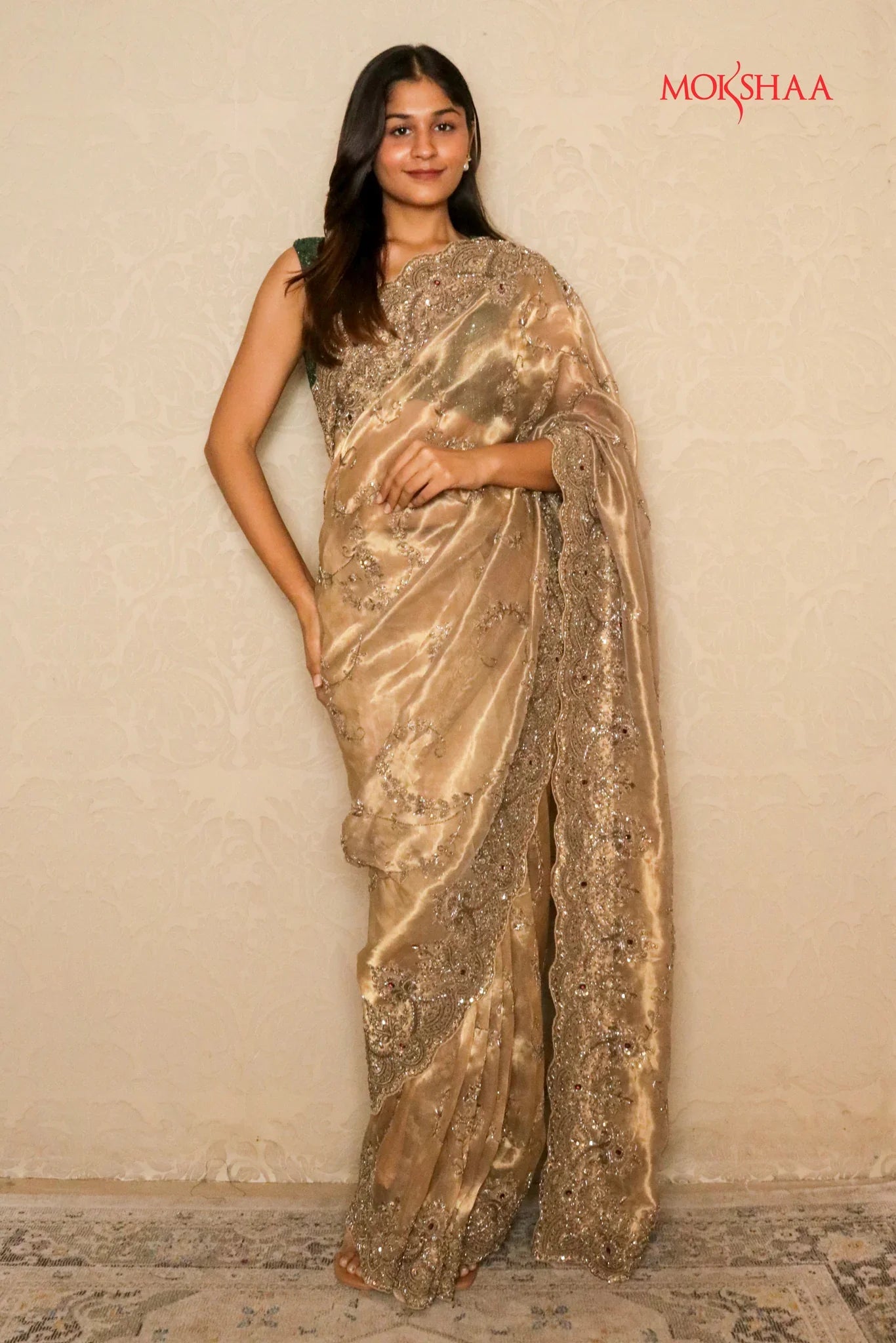 Dusty Gold Tissue Organza Saree with Jarthosi & Sequin Work and Green Velvet Blouse - Mokshaa