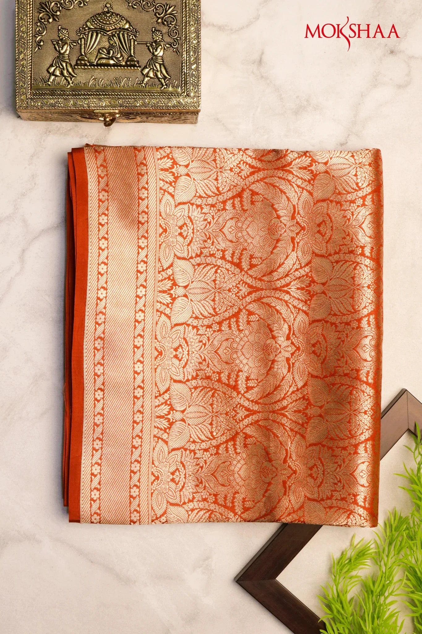 Orange Banarasi Silk Saree with Brocade Zari Jaal and Zari Border - Mokshaa
