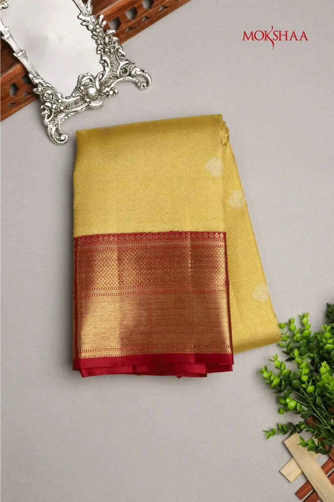 Golden Kanchivaram Silk Saree with Red Border - Mokshaa