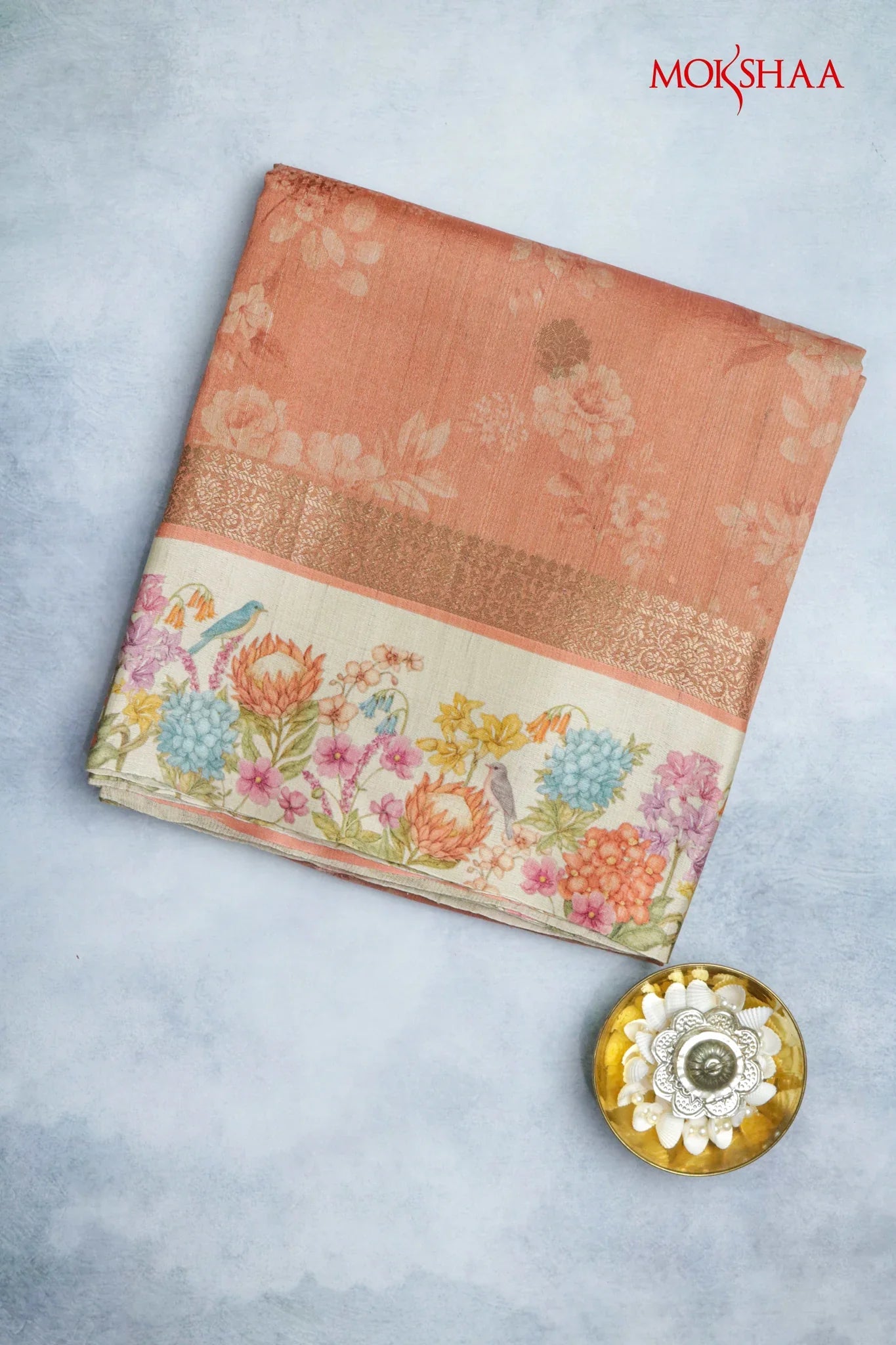 Peach Tussar Silk Saree with Golden Buttas & Floral Printed Border - Mokshaa