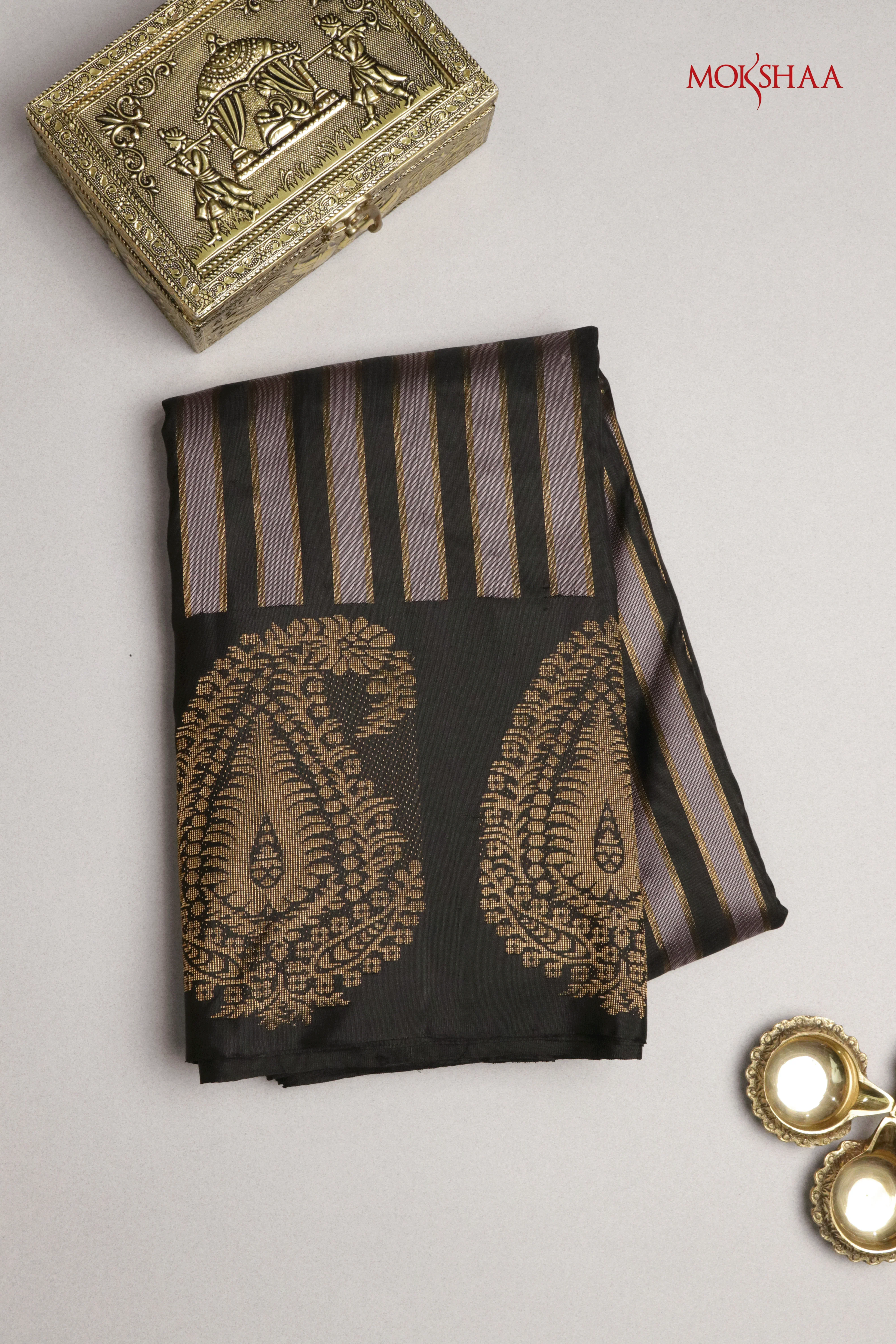 Black Kanchivaram Silk Saree with Golden Stripes & Buttas Border - Mokshaa