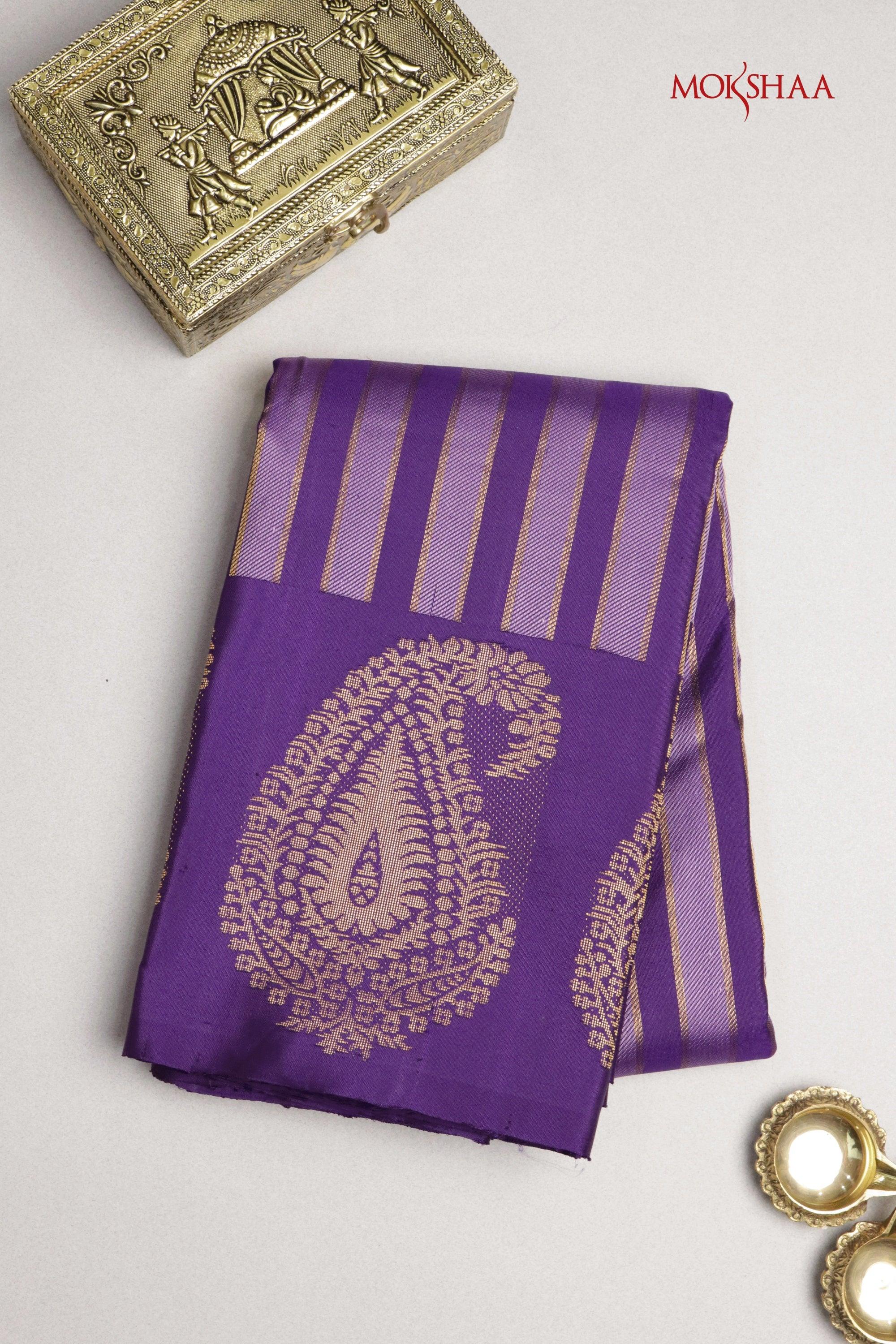 Purple Kanchivaram Silk Saree with Golden Stripes - Mokshaa