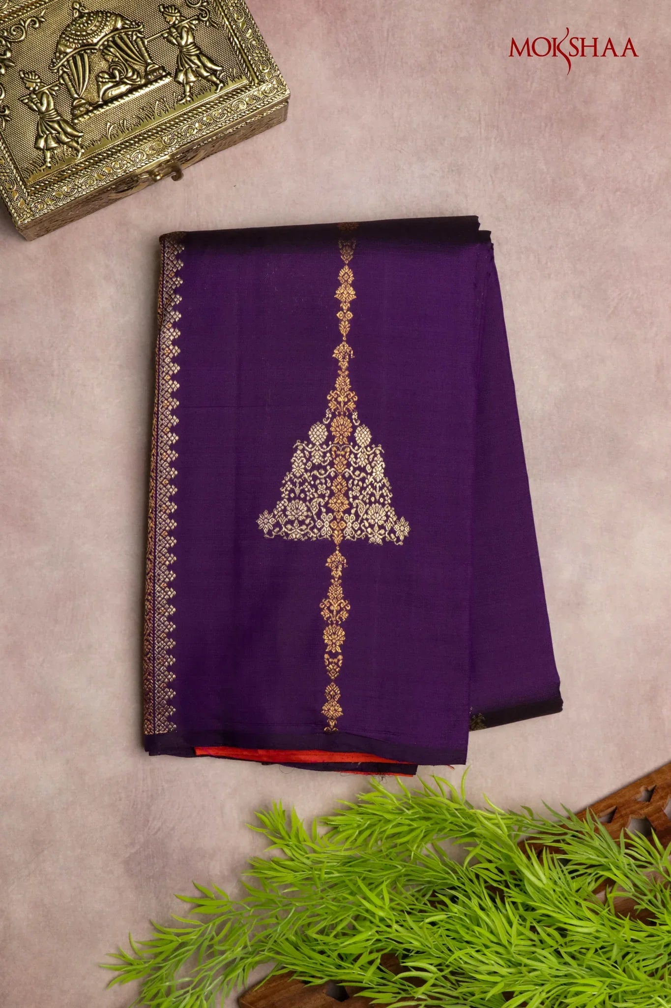 Purple Kanchivaram Silk Saree with Striped Weave - Mokshaa