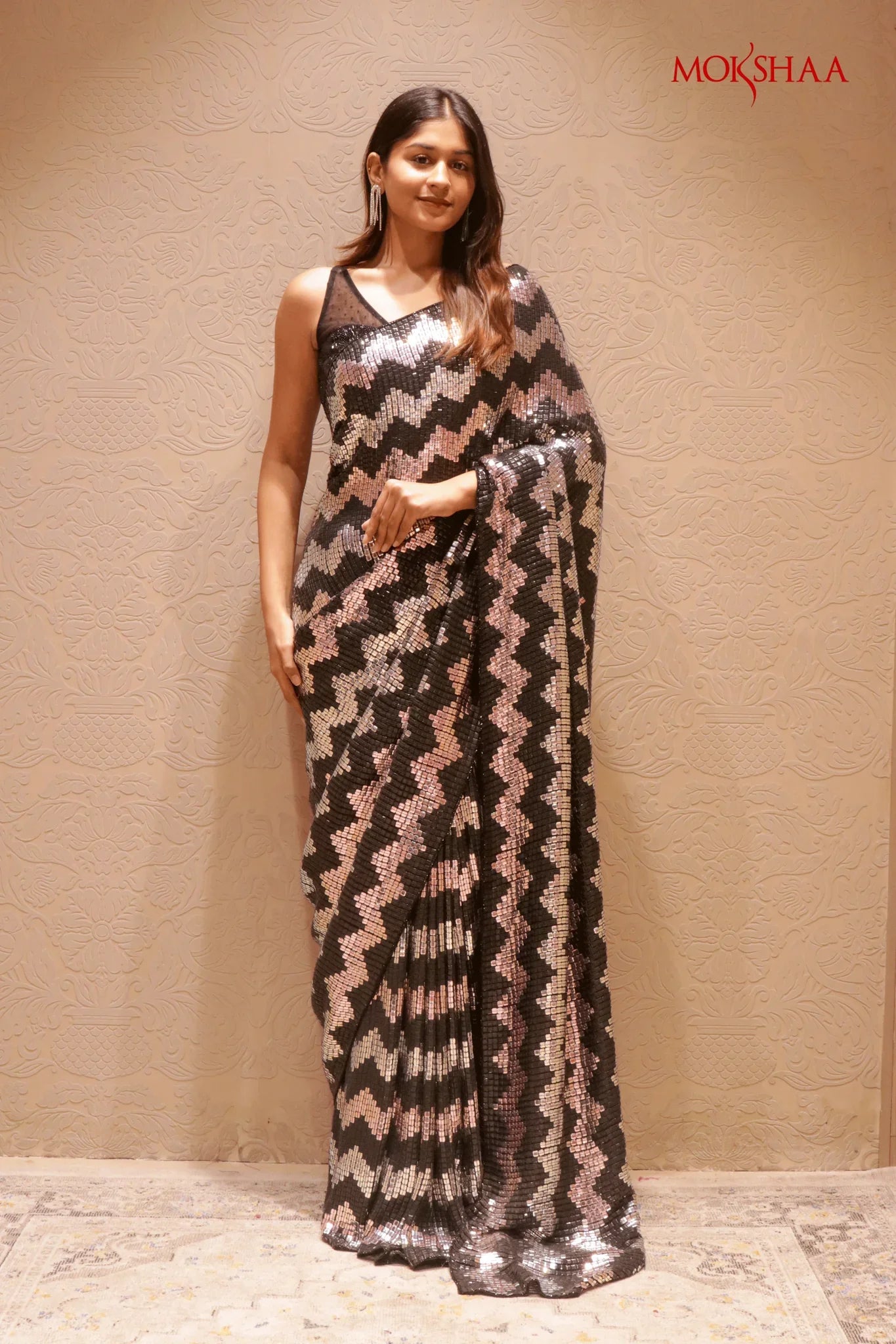 Black Georgette Saree with Silver & Black Sequin Zigzag Pattern - Mokshaa