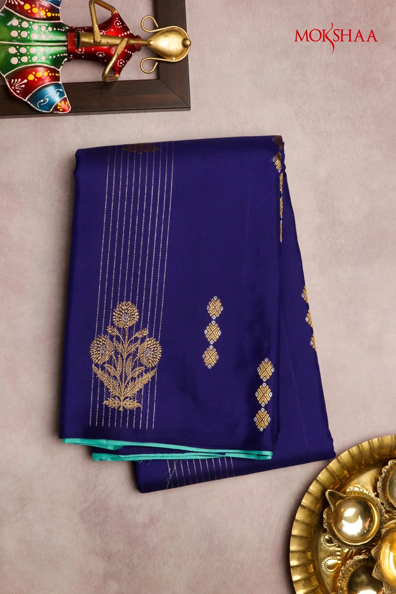 Ink Blue Kanchivaram Silk Saree with Zari Buttas & Contrast Pallu - Mokshaa