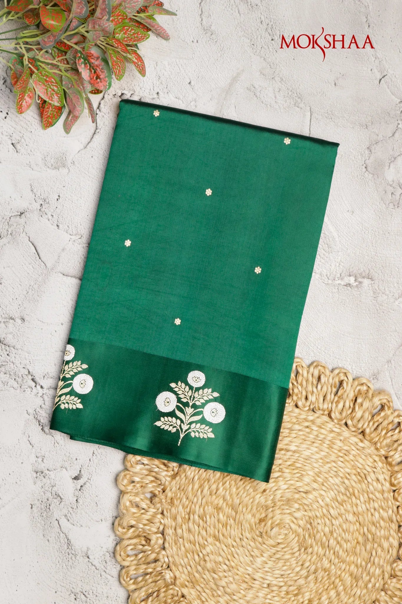 Bottle Green Banarasi Silk Saree with Butta Border & Mustard Blouse - Mokshaa