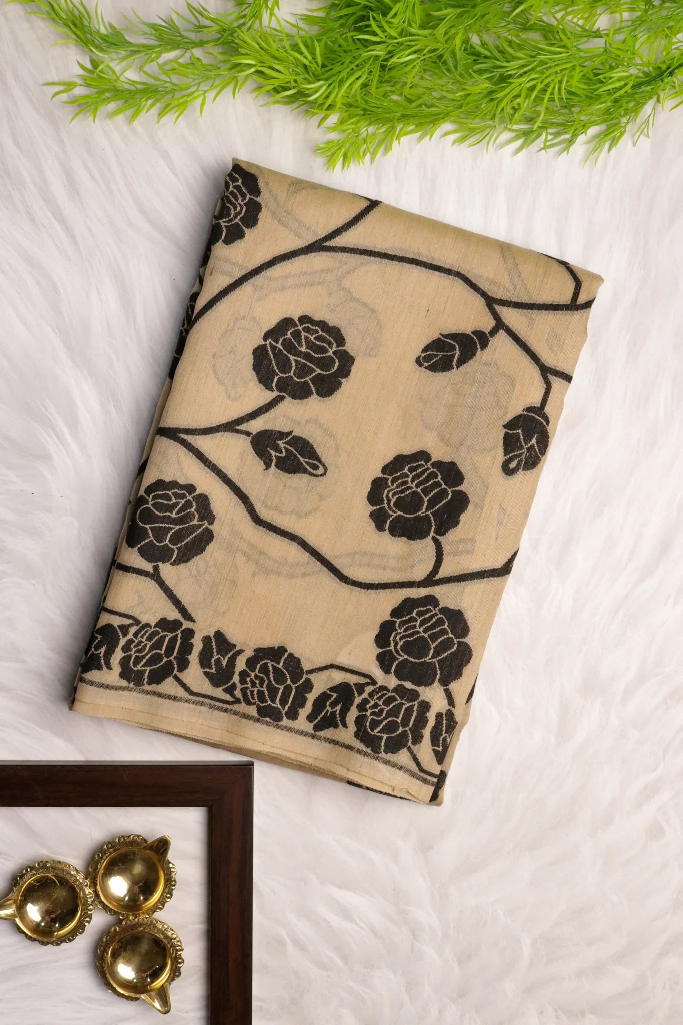 Beige Banarasi Handloom Saree with Black Thread Jaal - Mokshaa