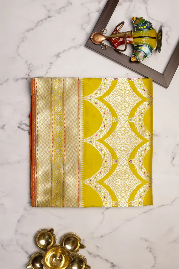 Mustard Banarasi Silk Saree with Fancy Butti and Contrast Blouse | Saree | Mokshaa