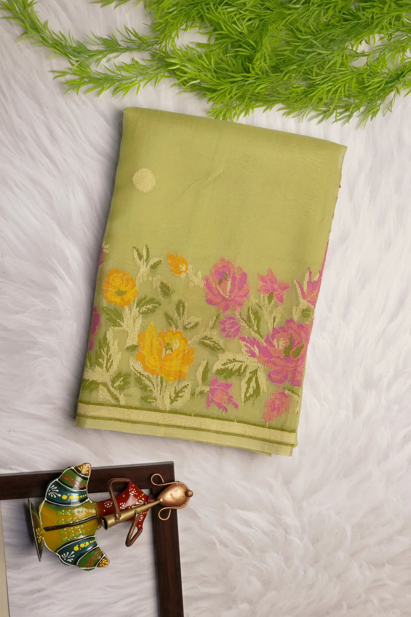 Pista Green Banarasi Kora Silk Saree with Multicolor Zari & Thread Weaving - Mokshaa