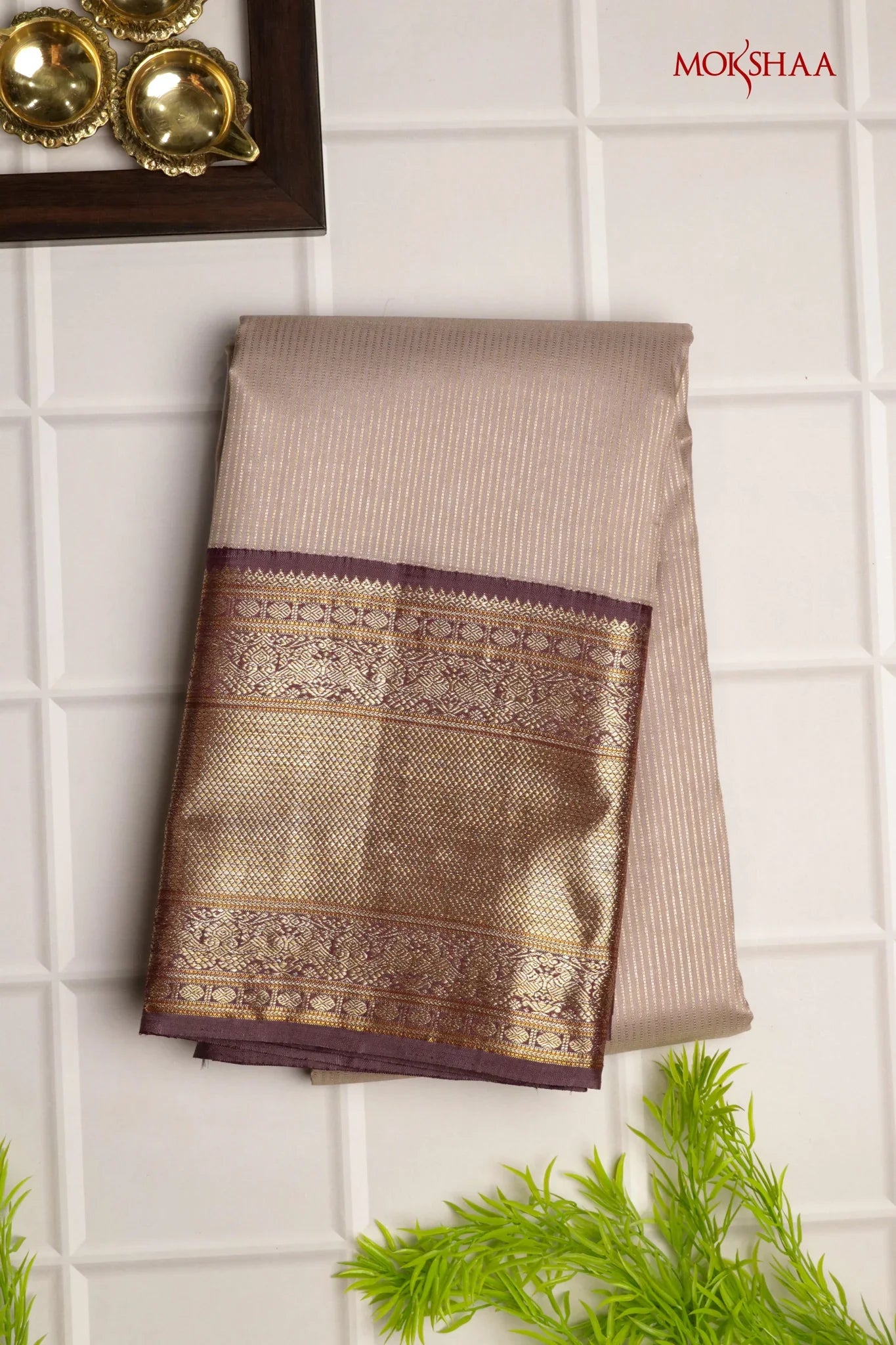Beige Kanchivaram Silk Saree with Zari Stripes & Contrast Maroon Pallu - Mokshaa