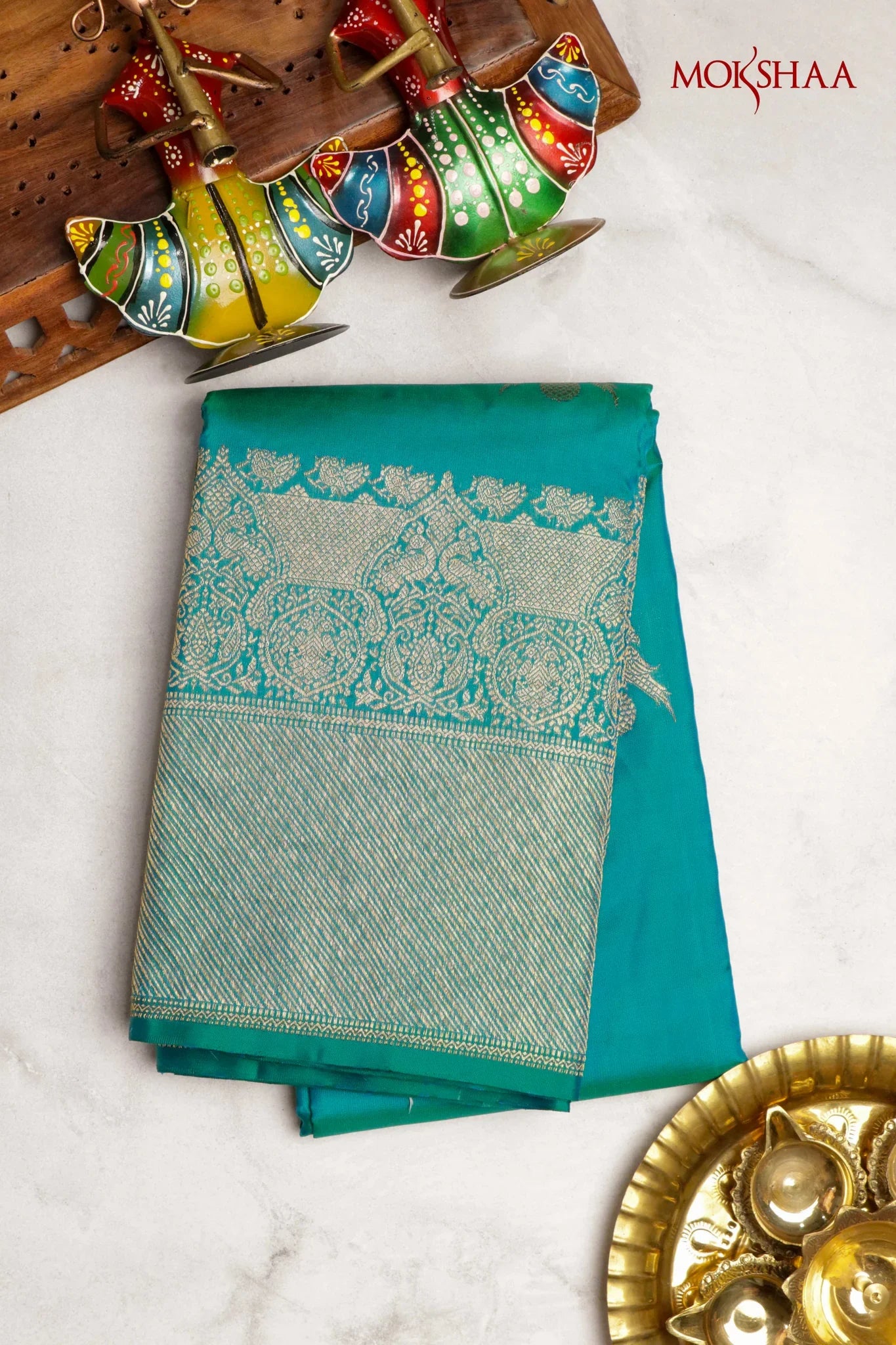 Turquoise Blue Kanchivaram Silk Saree with Fancy Zari Butta - Mokshaa