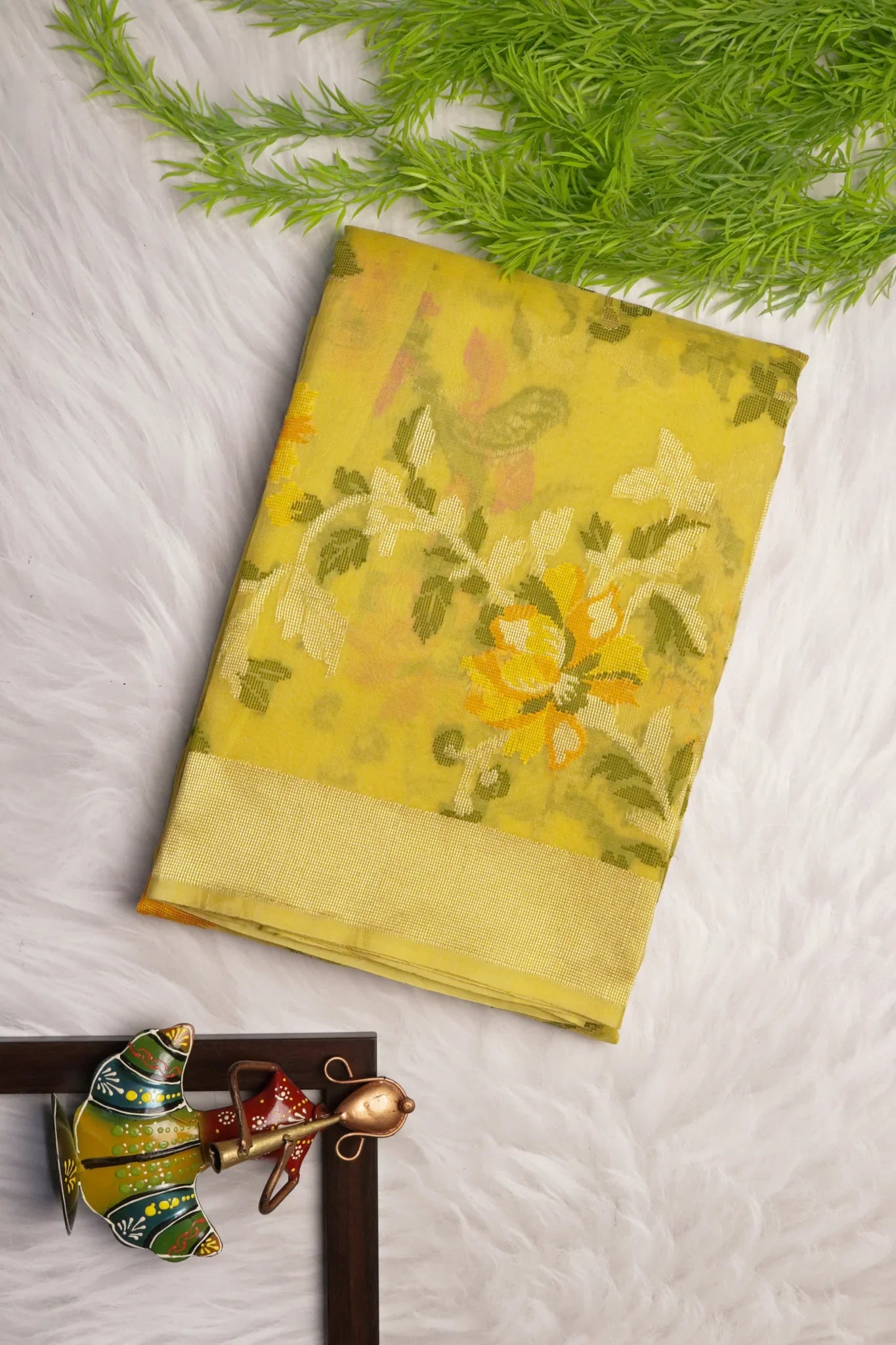 Yellow Banarasi Kora Silk Saree with Zari Multi-Butta - Mokshaa