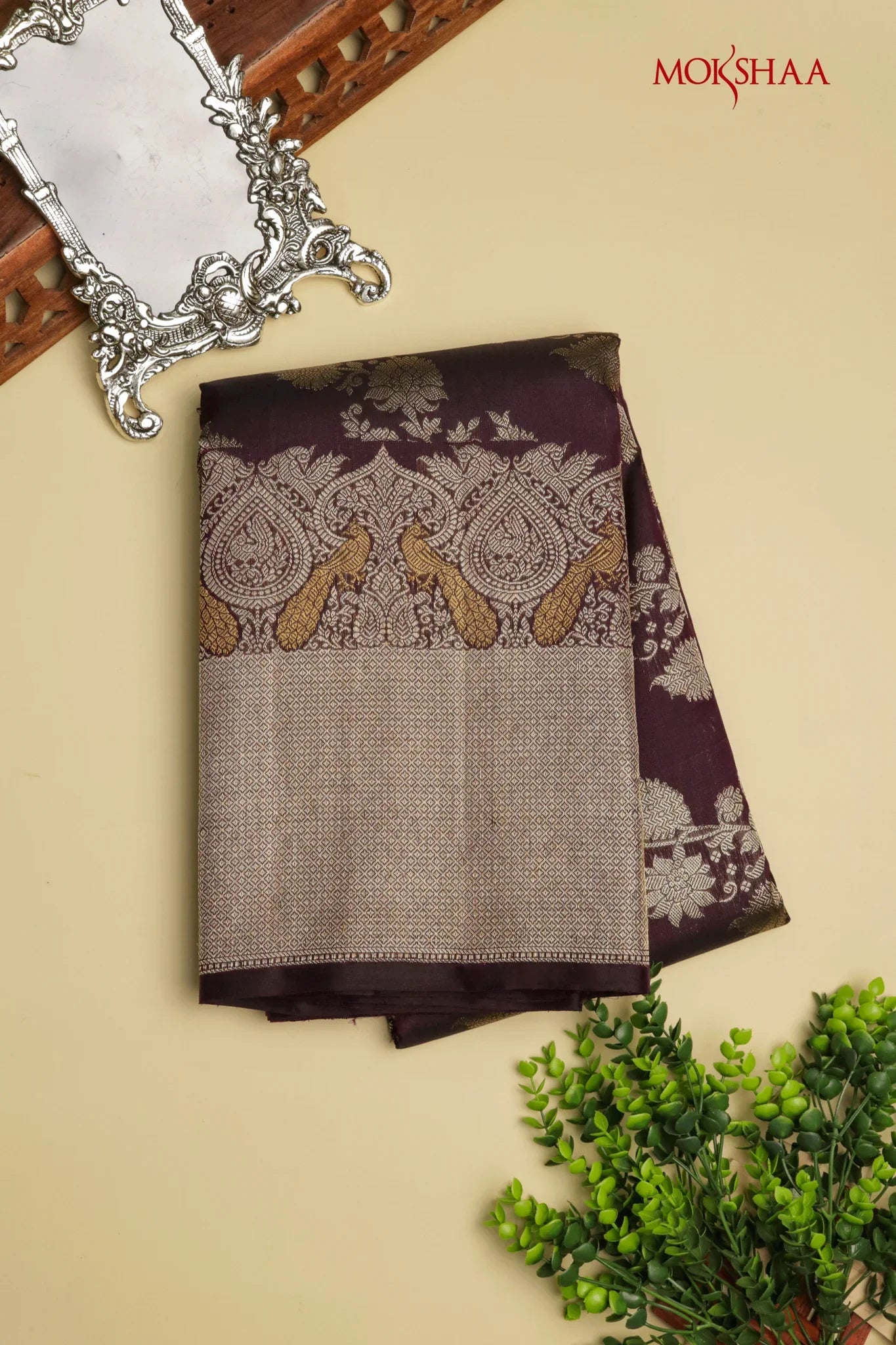 Dark Brown Kanchivaram Silk Saree with Peacock Motif Border - Mokshaa