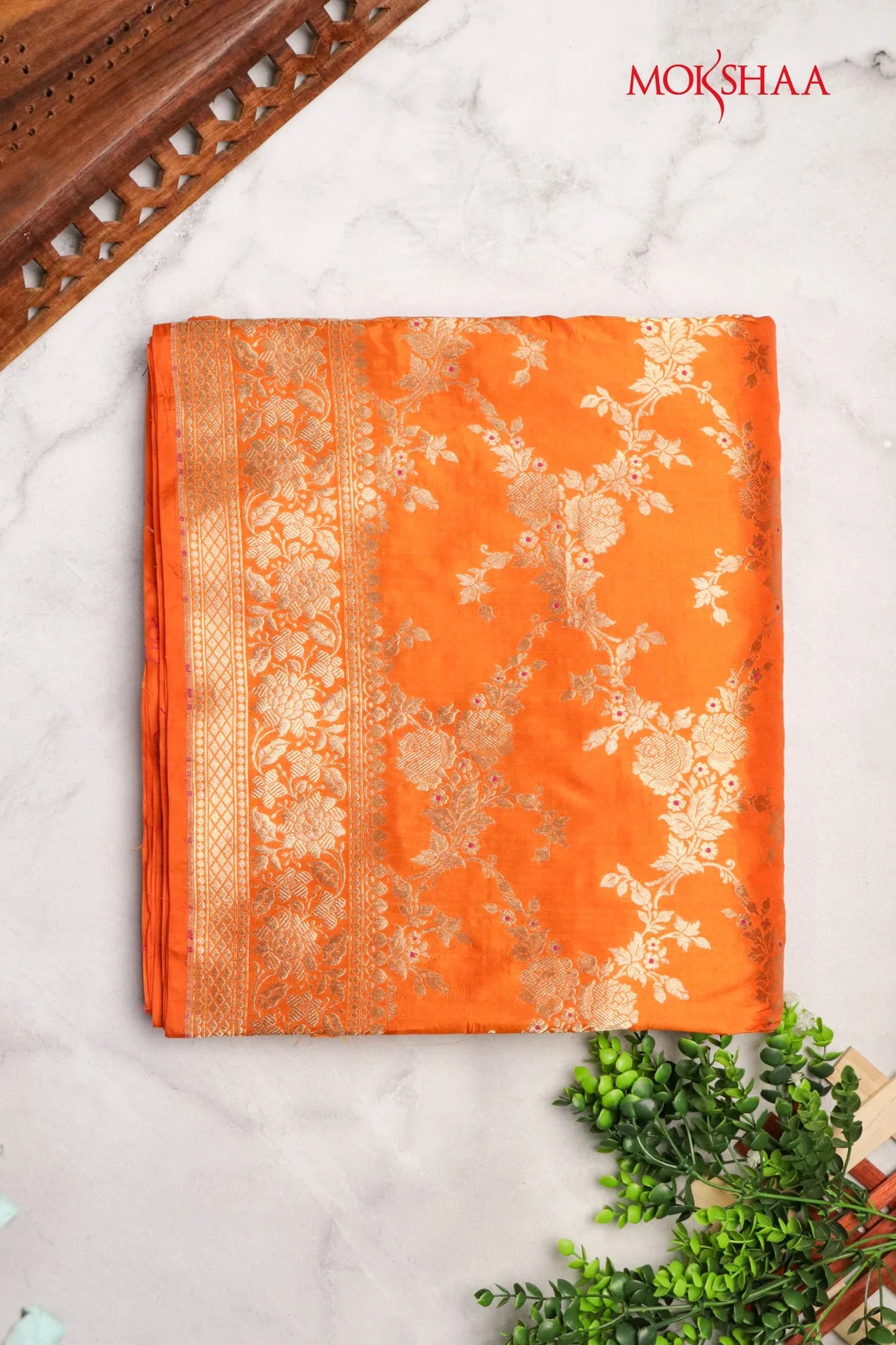 Orange Banarasi Silk Saree with Zari Jaal - Mokshaa