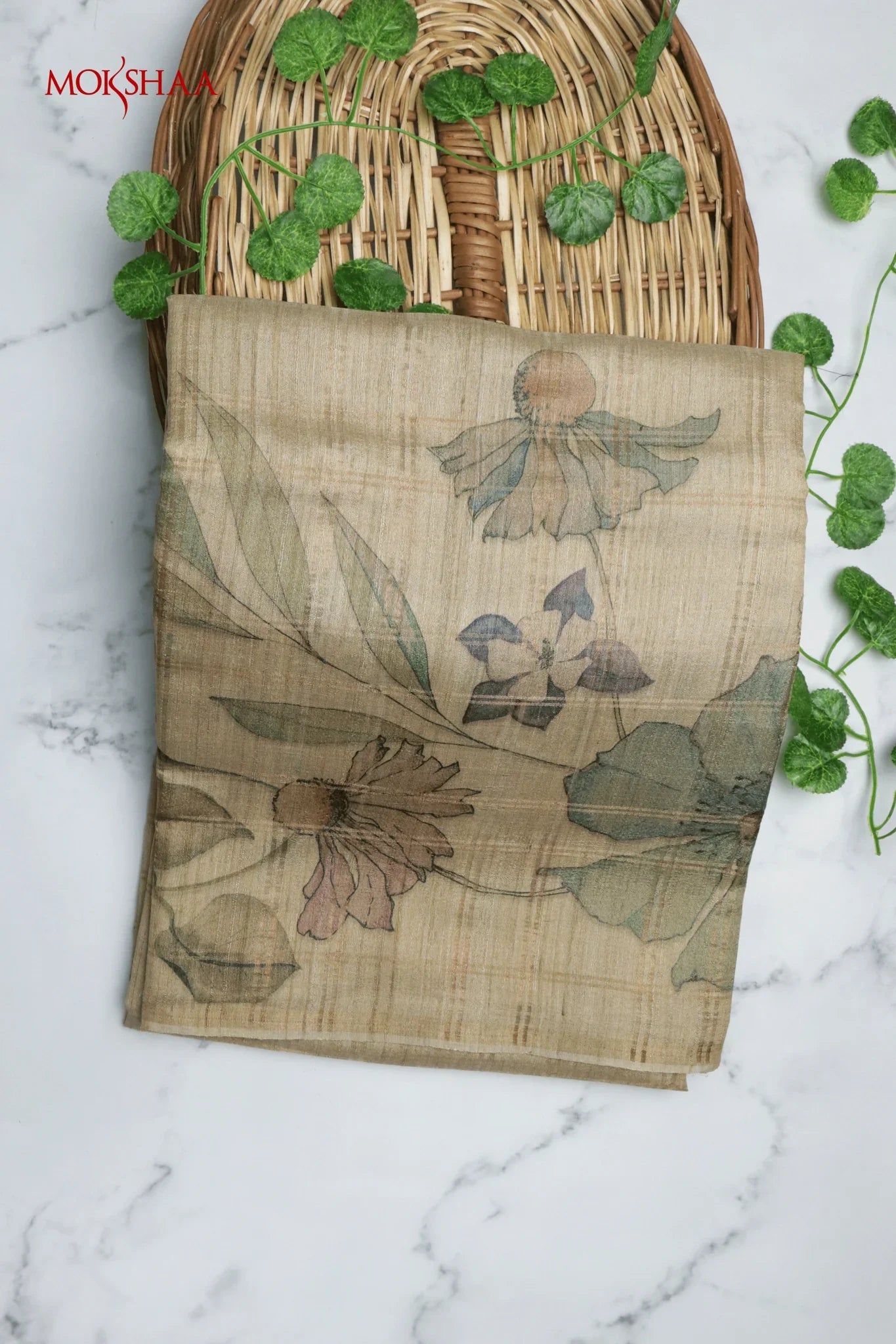 Beige Tussar Silk Saree with Zari Checks & Floral Print - Mokshaa