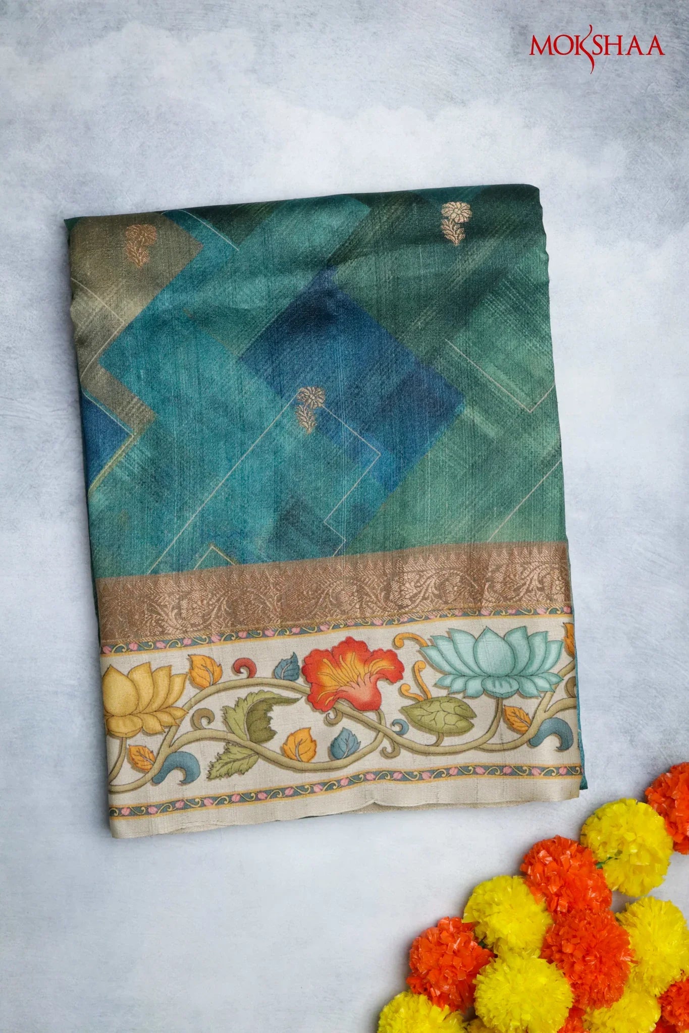 Blue-Green Tussar Silk Saree with Zari Motifs & Printed Border - Mokshaa