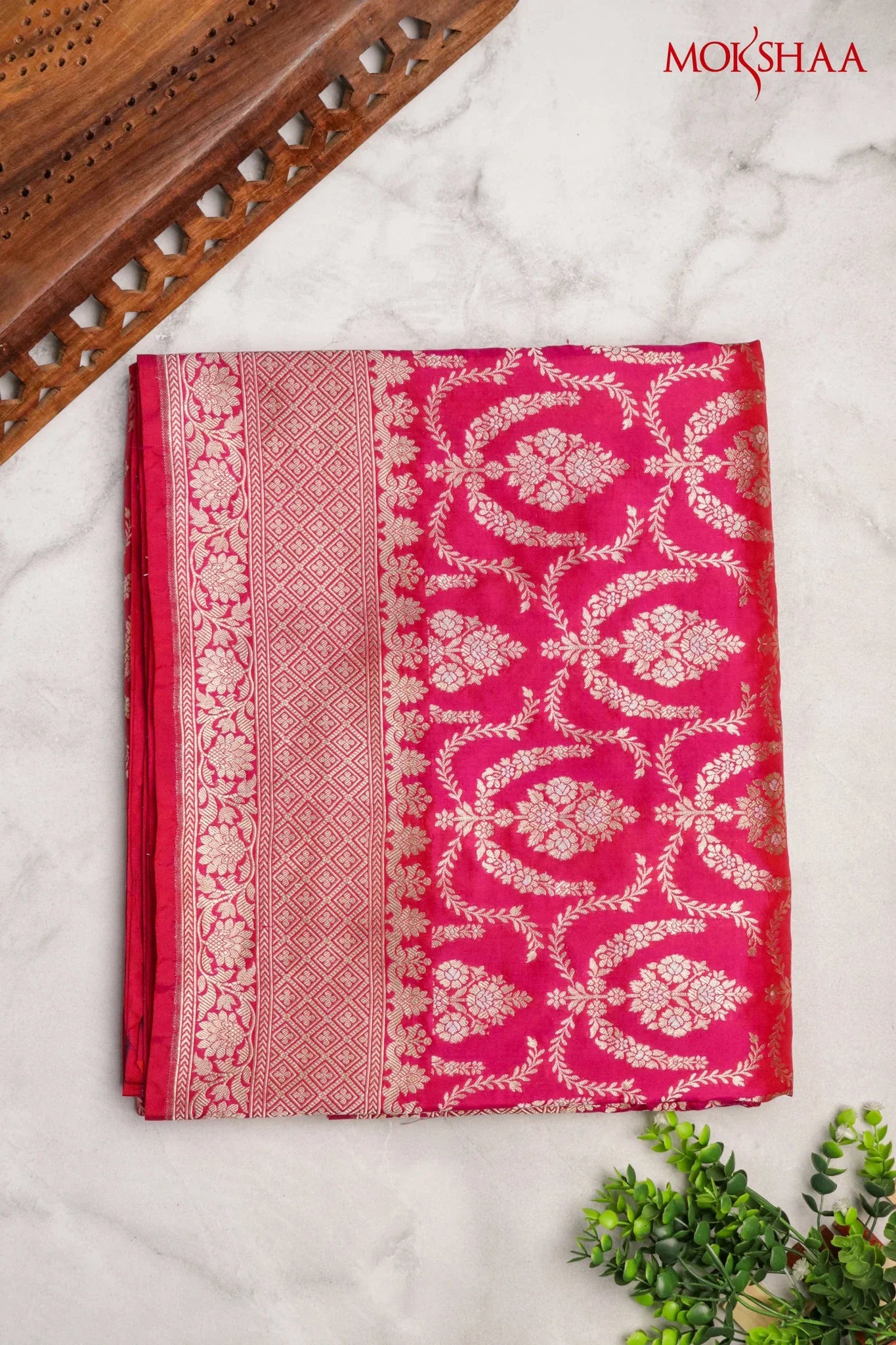 Rani Pink Banarasi Silk Saree with Zari Jaal & Intricate Border - Mokshaa