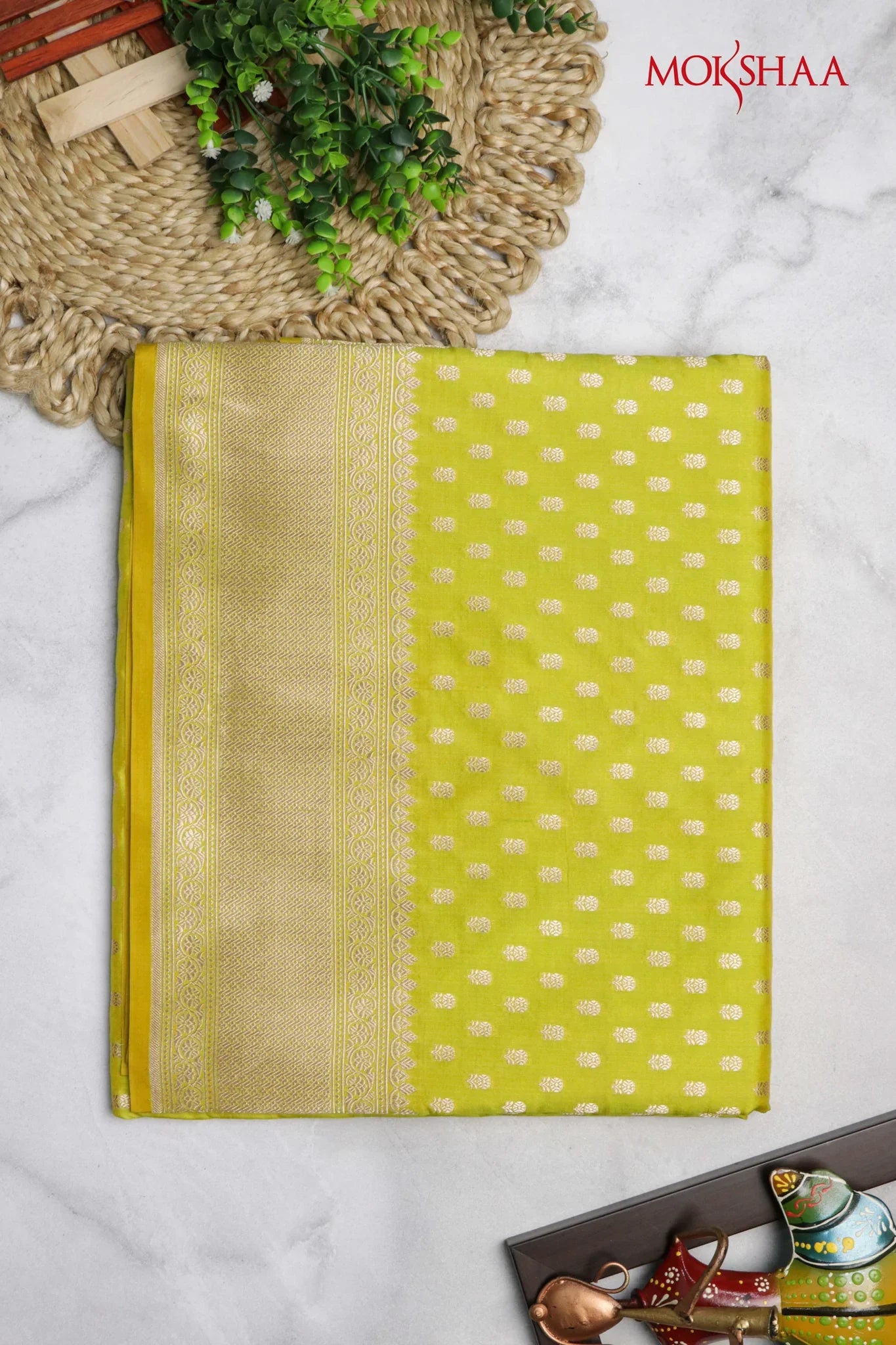 Lemon Yellow Banarasi Silk Saree with Small Butti & Zari Border - Mokshaa