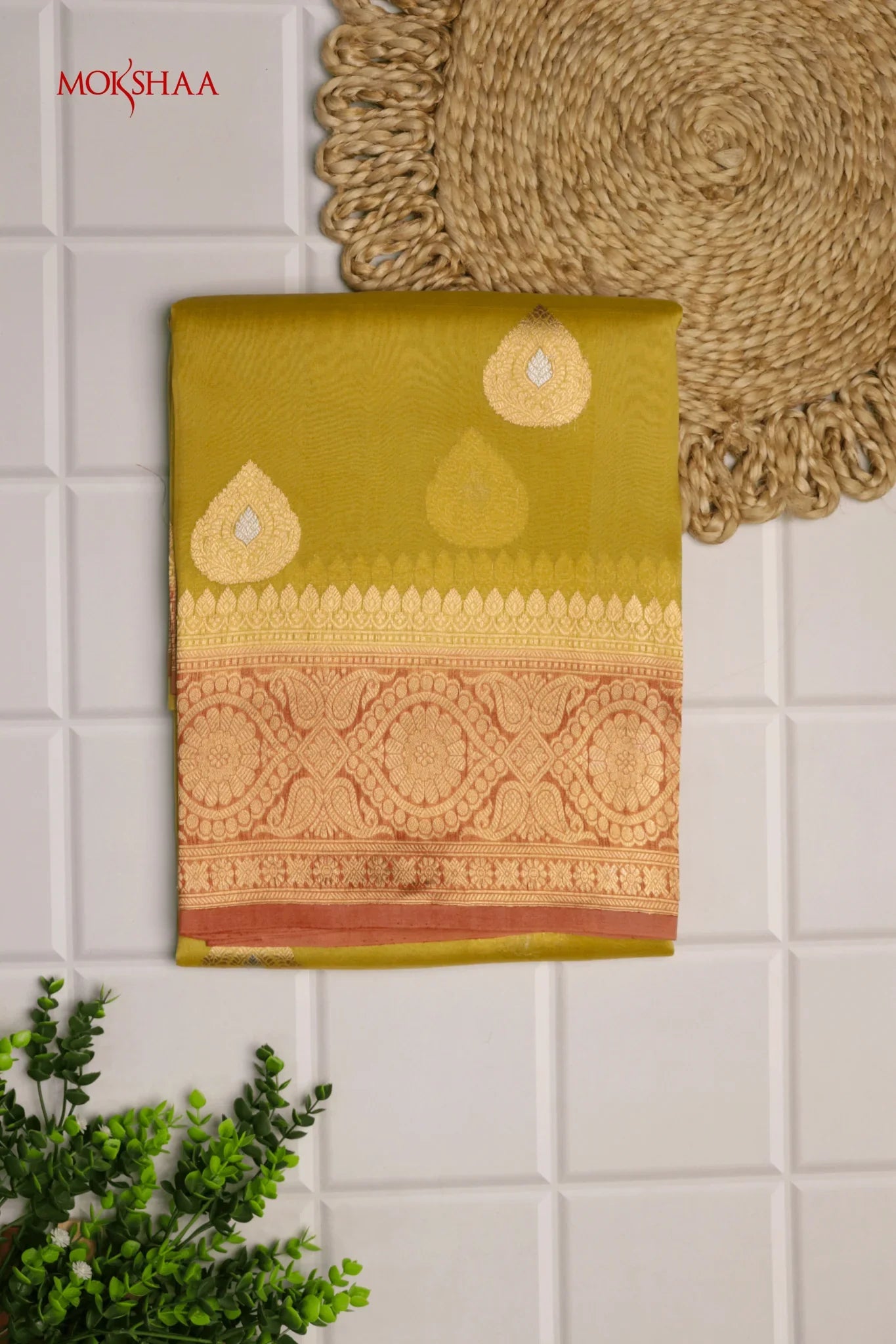 Greenish Yellow Banarasi Kora Saree with Gold-Silver Motifs & Contrast Blouse - Mokshaa