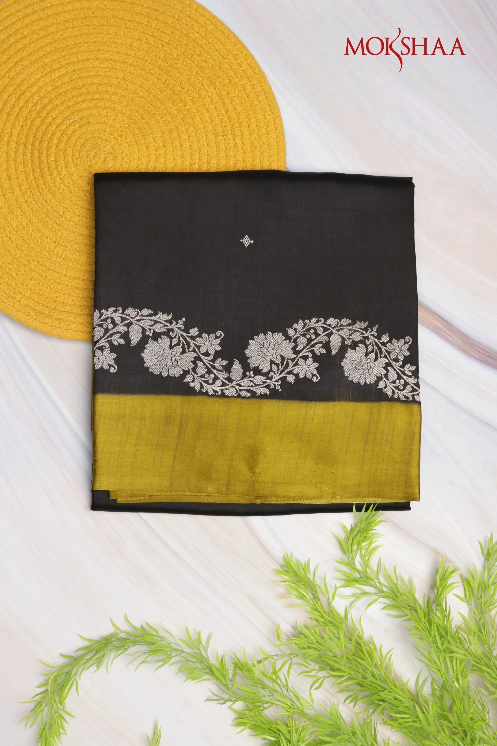 Black & Olive Banarasi Chanderi Silk Saree - Mokshaa
