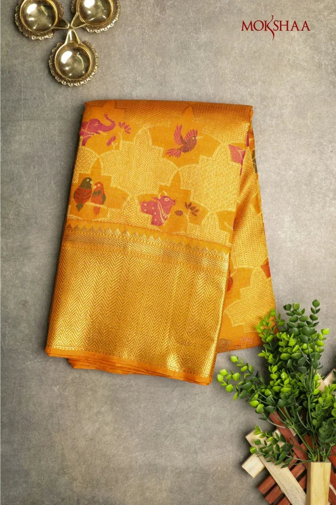 Koral Orange Kanchivaram Silk Saree with Zari & Meena Animal Motifs - Mokshaa