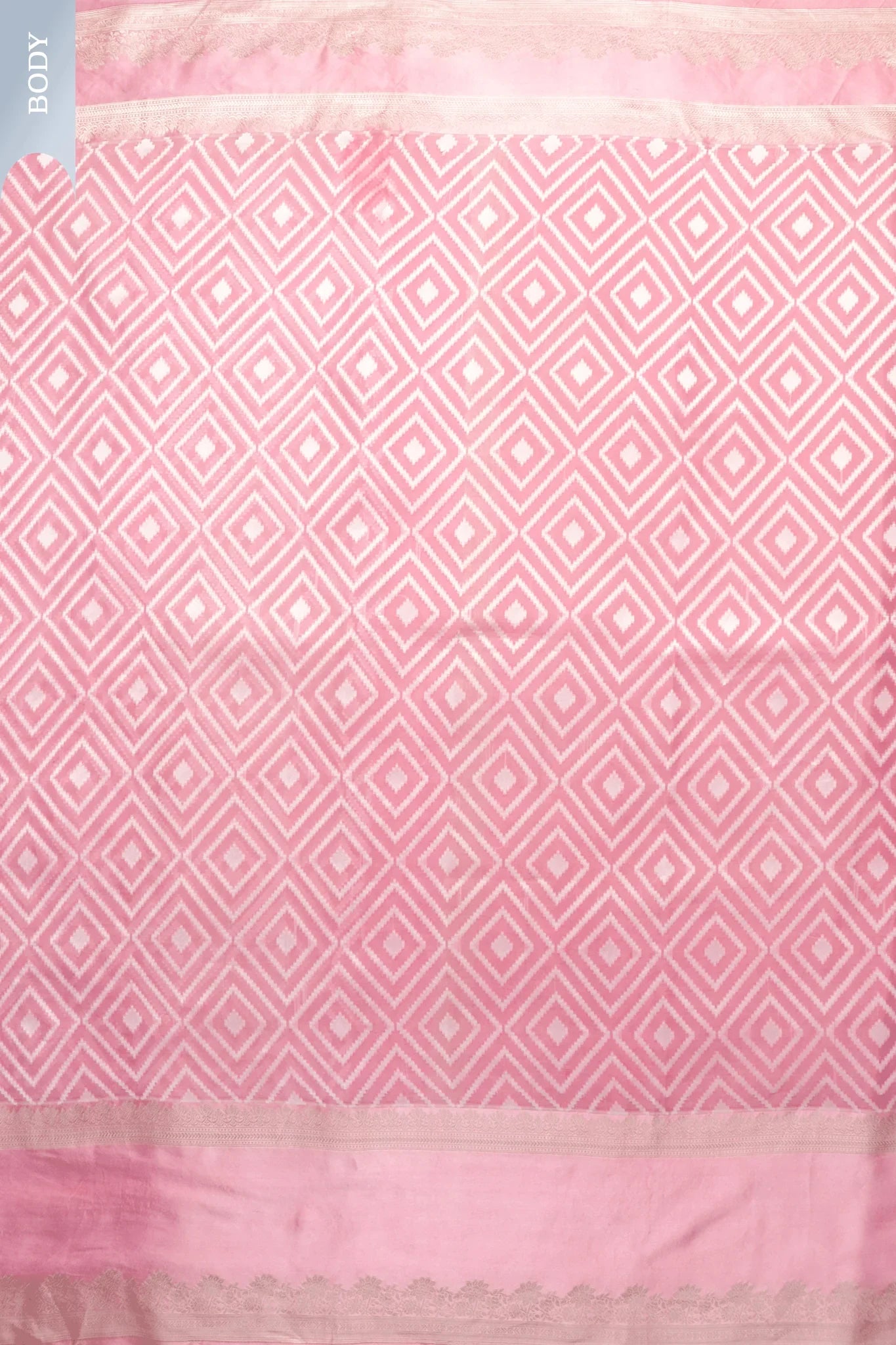 Baby Pink Banarasi Kora Saree with Geometric Weave & Satin Border - Mokshaa