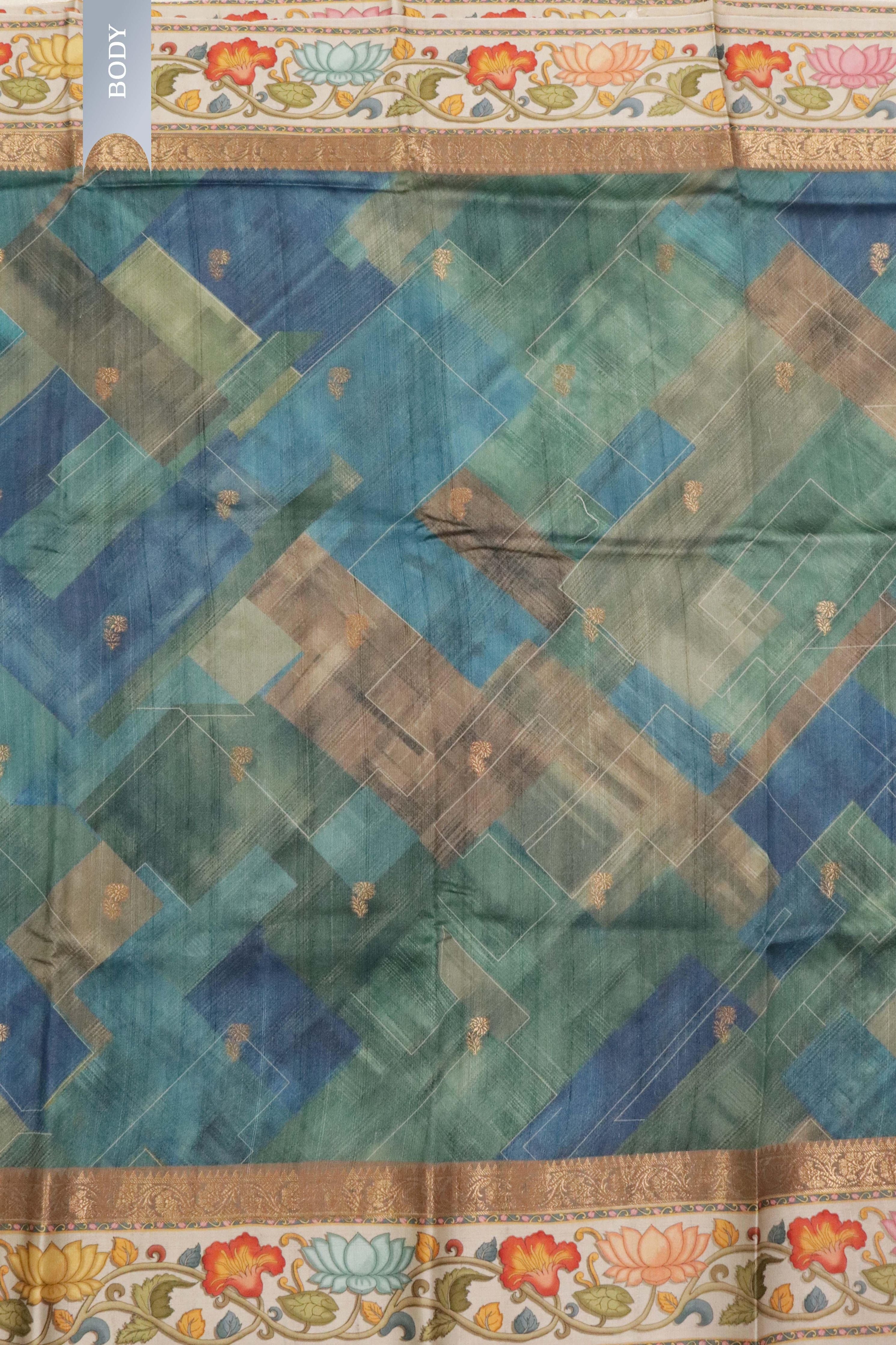 Blue-Green Tussar Silk Saree with Zari Motifs & Printed Border - Mokshaa