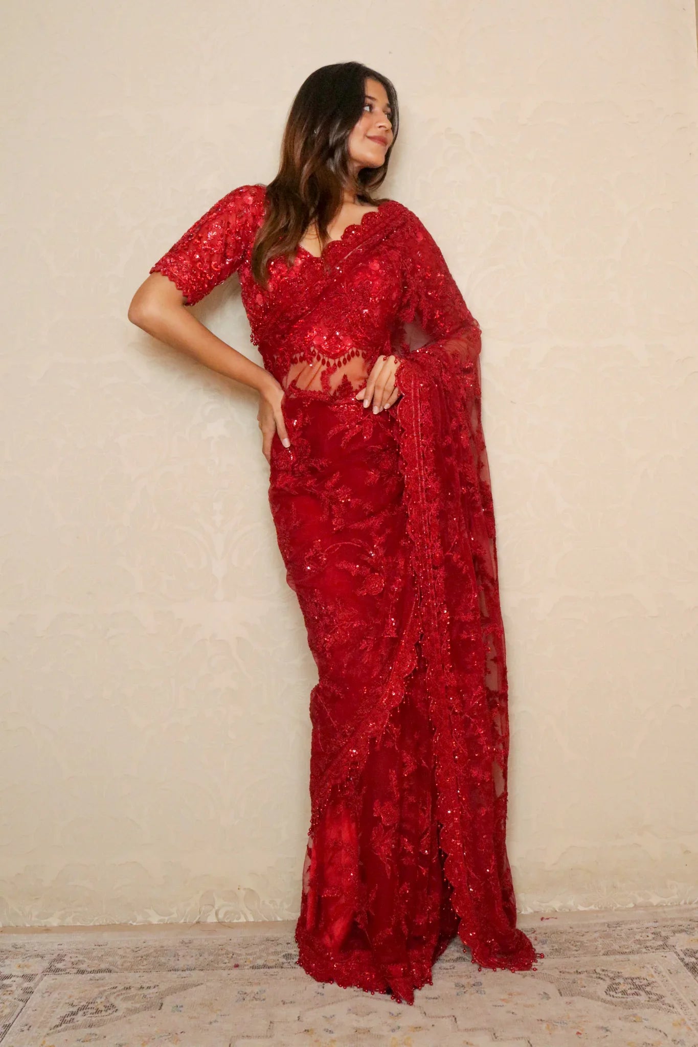 Red Net Saree with Thread & Sequin Embroidery - Mokshaa